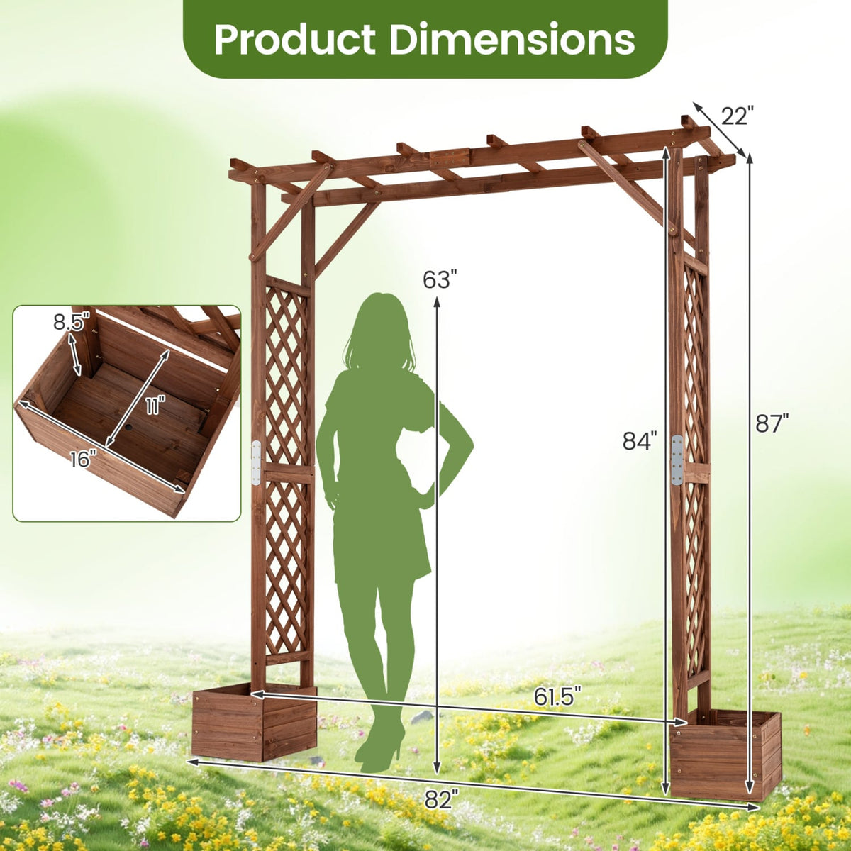 87in Tall Wooden Garden Arbor with Planter Boxes and Hanging Roof for Climbing Plants-Orange-Garden Arbors-DECOROLALA