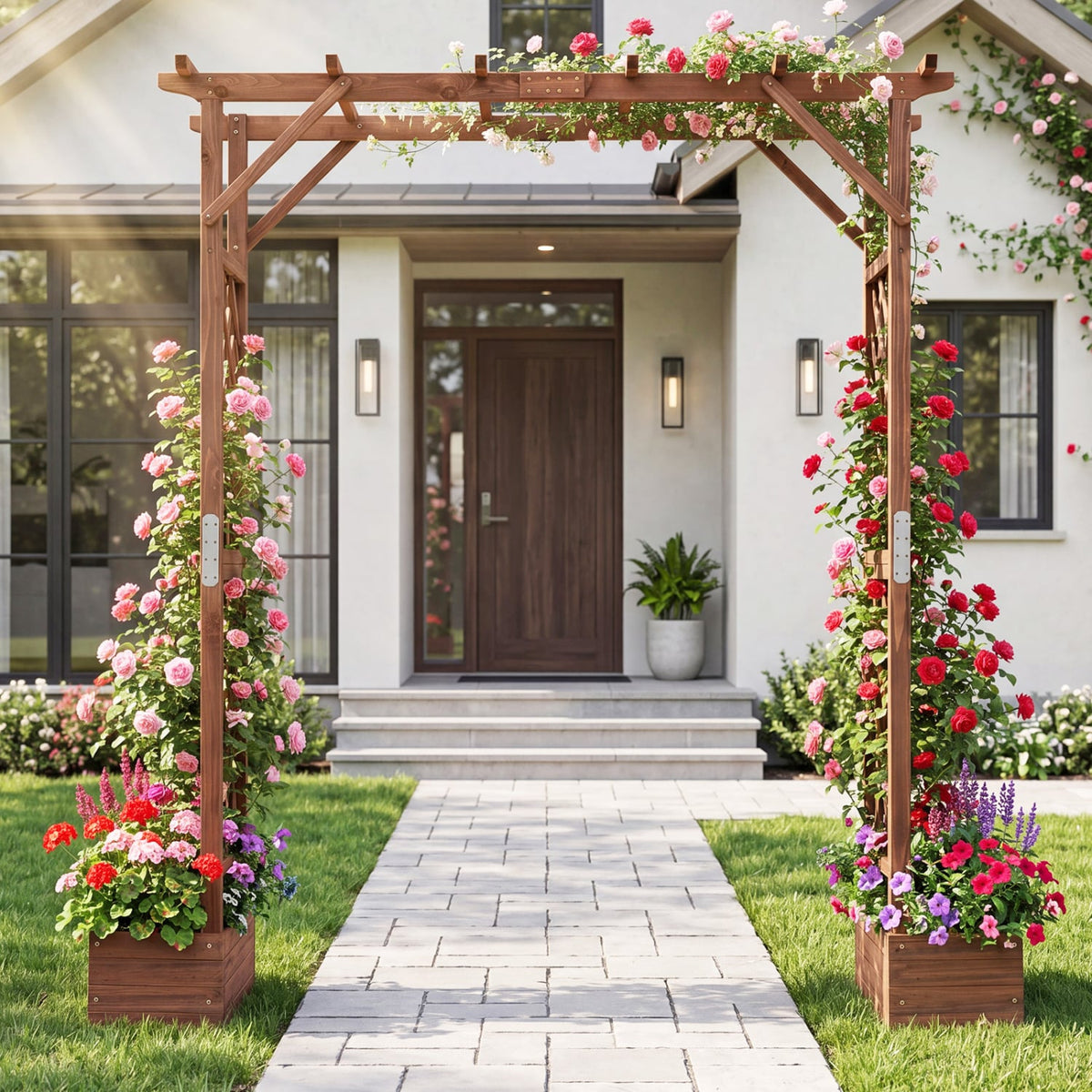 87in Tall Wooden Garden Arbor with Planter Boxes and Hanging Roof for Climbing Plants-Orange-Garden Arbors-DECOROLALA