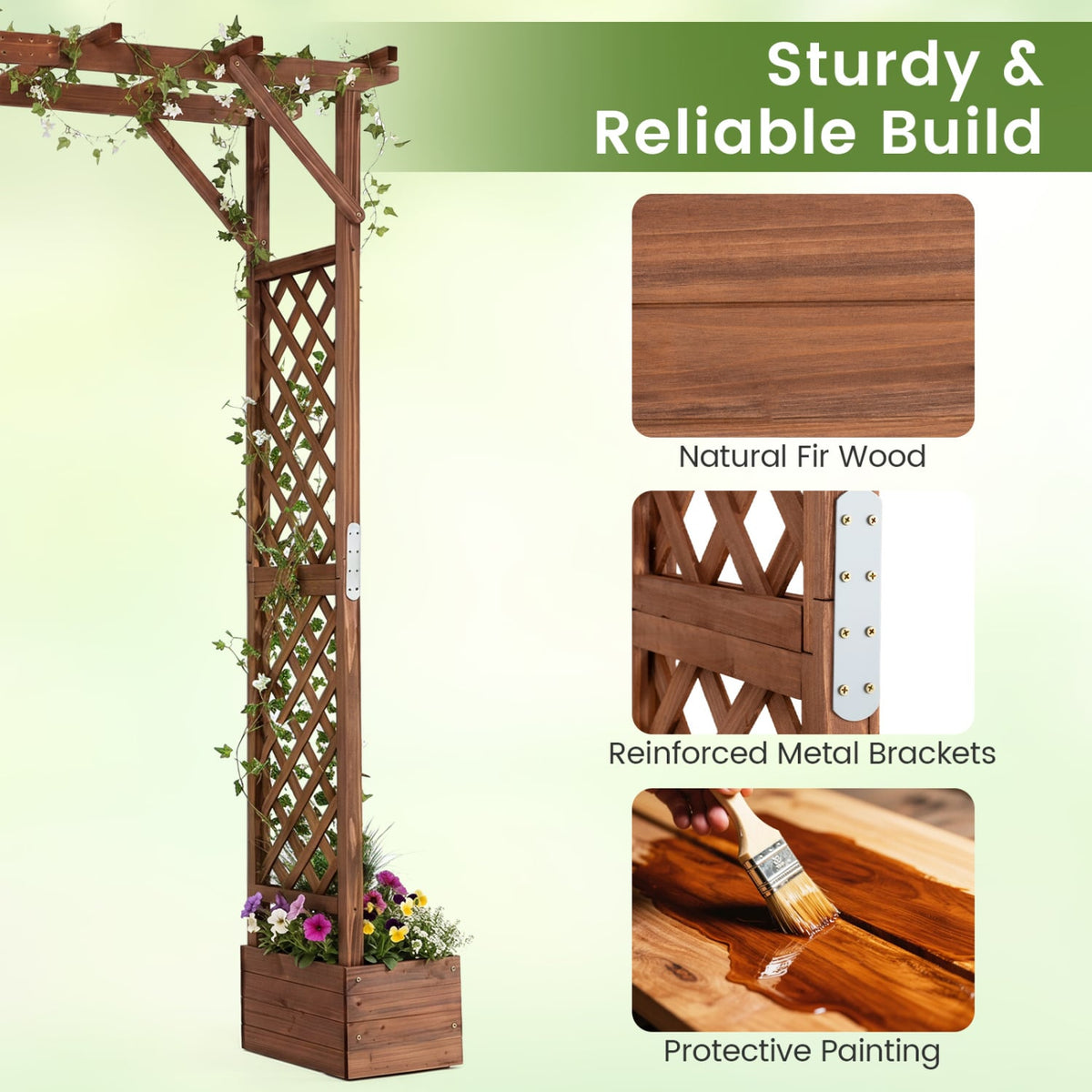 87in Tall Wooden Garden Arbor with Planter Boxes and Hanging Roof for Climbing Plants-Orange-Garden Arbors-DECOROLALA