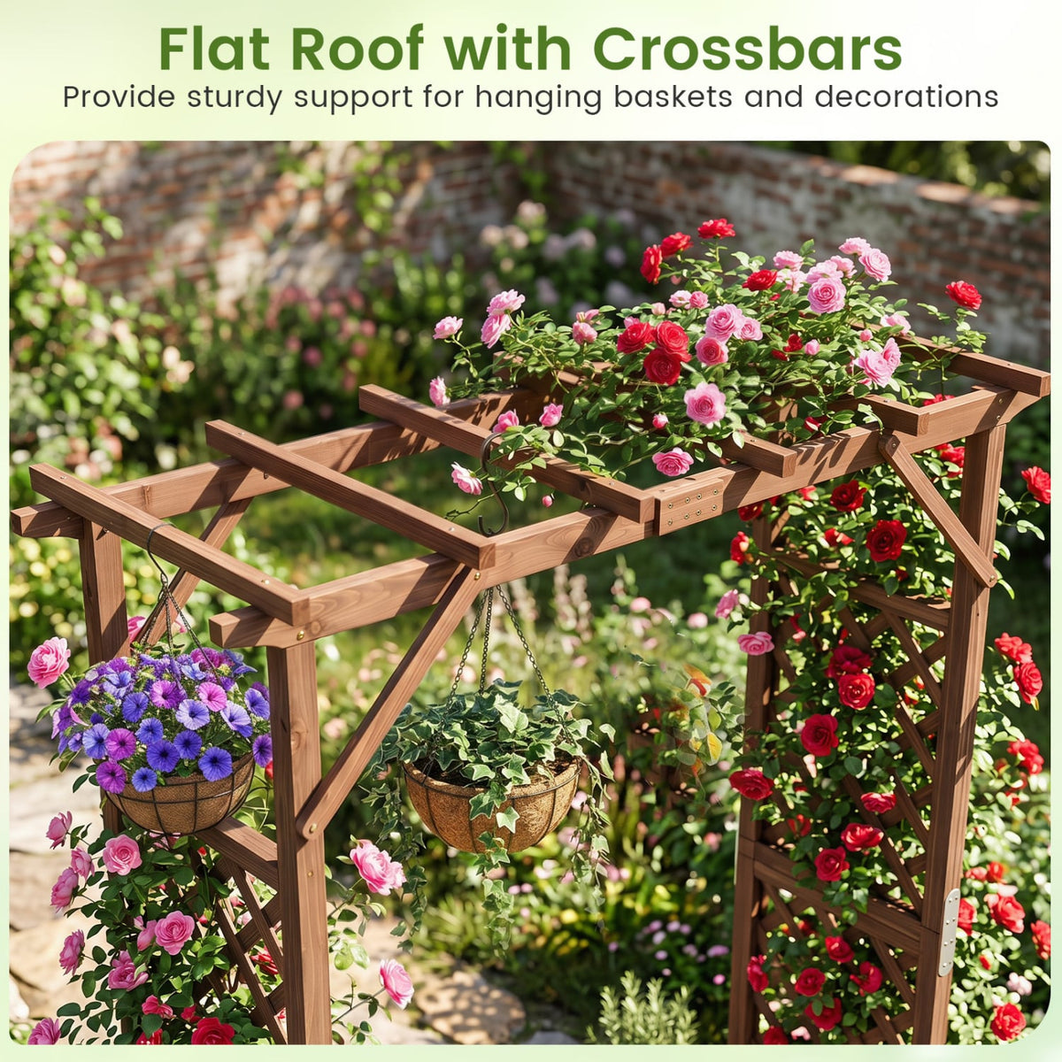 87in Tall Wooden Garden Arbor with Planter Boxes and Hanging Roof for Climbing Plants-Orange-Garden Arbors-DECOROLALA