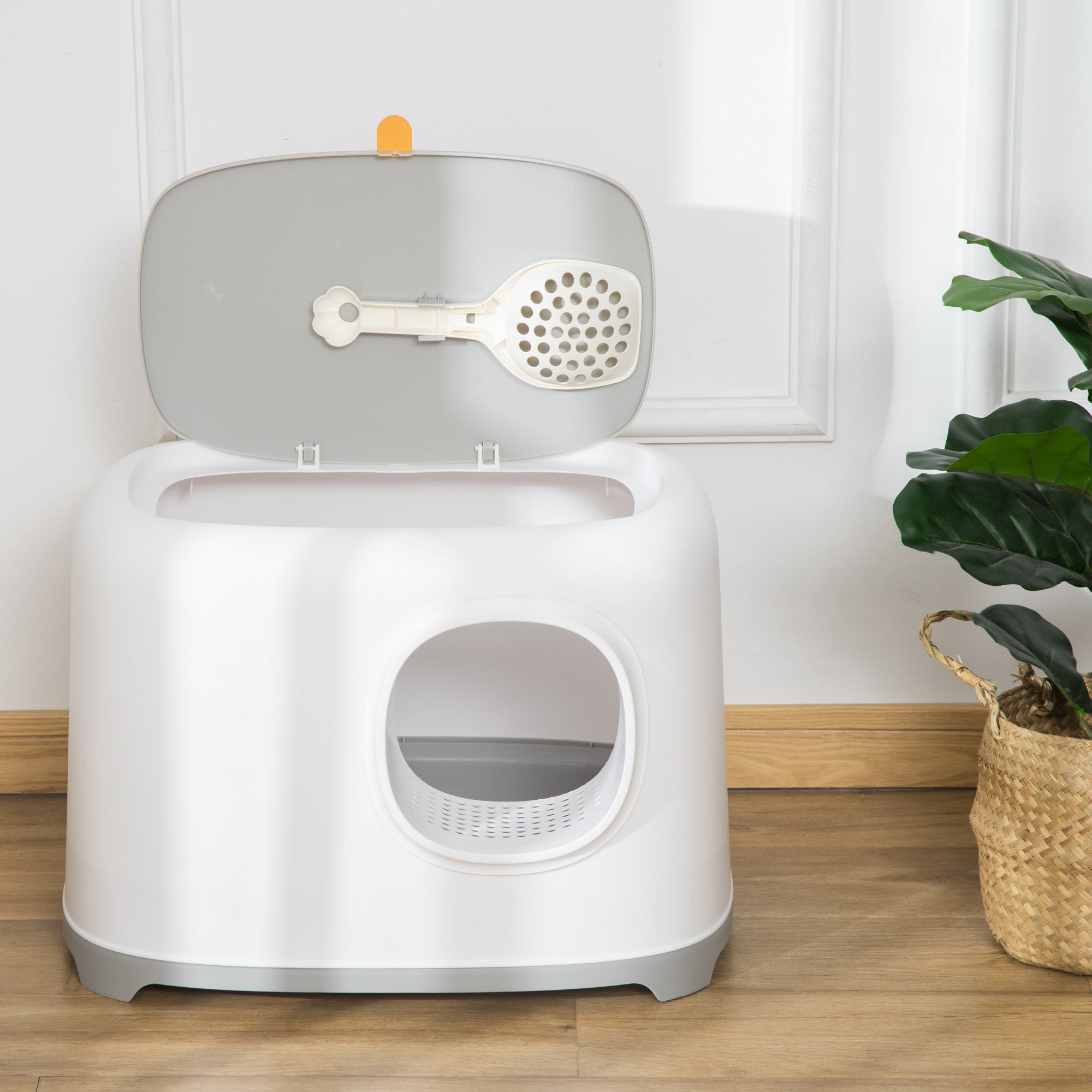 Cat Litter Box with Anti-Sand Tunnel, Scoop, Open Top, Odor Control & Easy to Clean, White