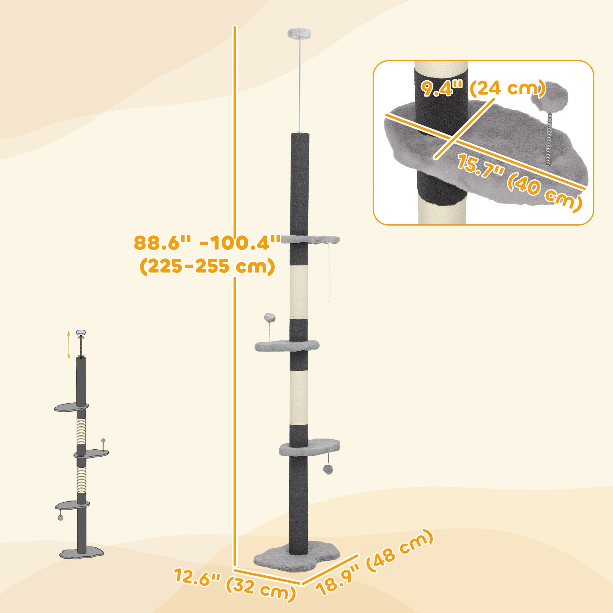 88.5"-100.5" Floor to Ceiling Cat Tree, Cat Tower with Scratching Posts, Cloud Shaped Platforms, Dangling Balls, Grey-Cats-DECOROLALA