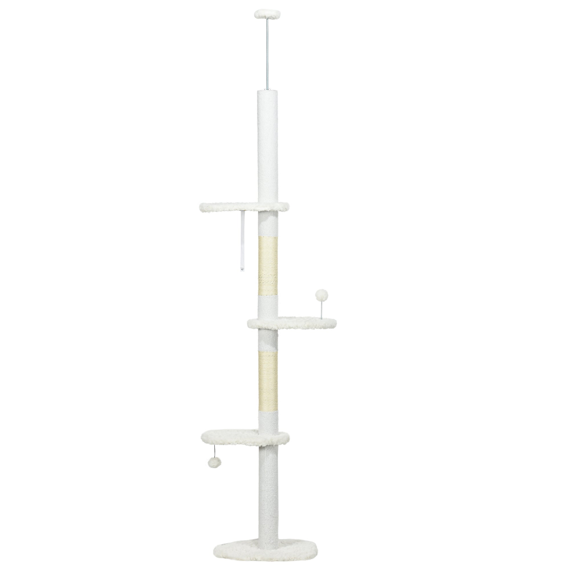 88.5"-100.5" Floor to Ceiling Cat Tree, Cat Tower with Scratching Posts, Cloud Shaped Platforms, Dangling Balls, White-Cats-DECOROLALA