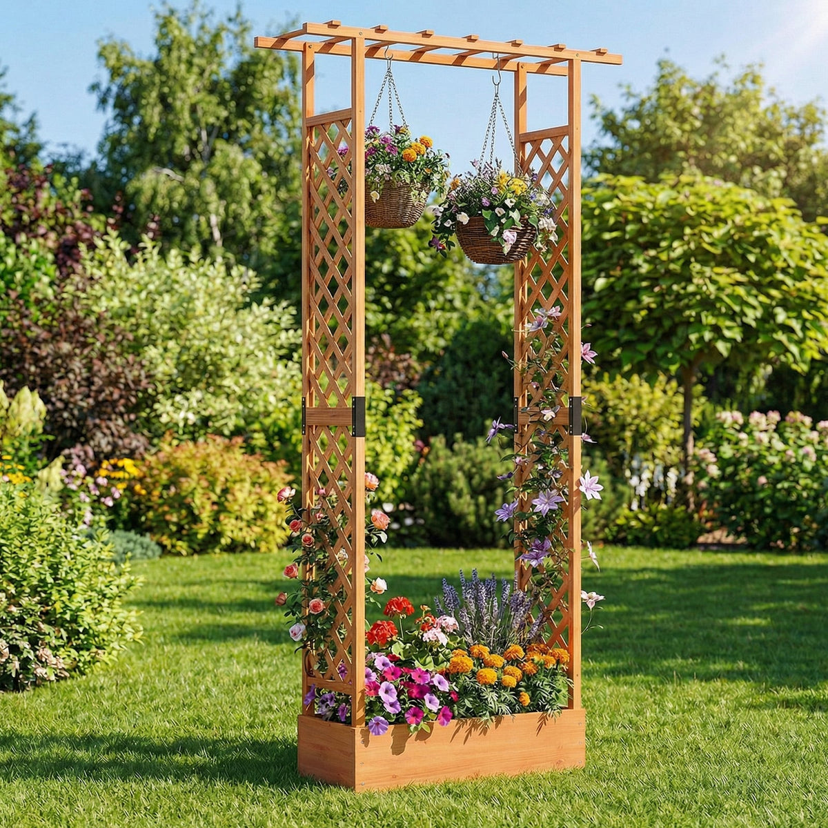 89 Inch Tall Wooden Raised Garden Bed with Side Trellis and Hanging Roof Drainage Holes-Orange-Raised Garden Beds-DECOROLALA