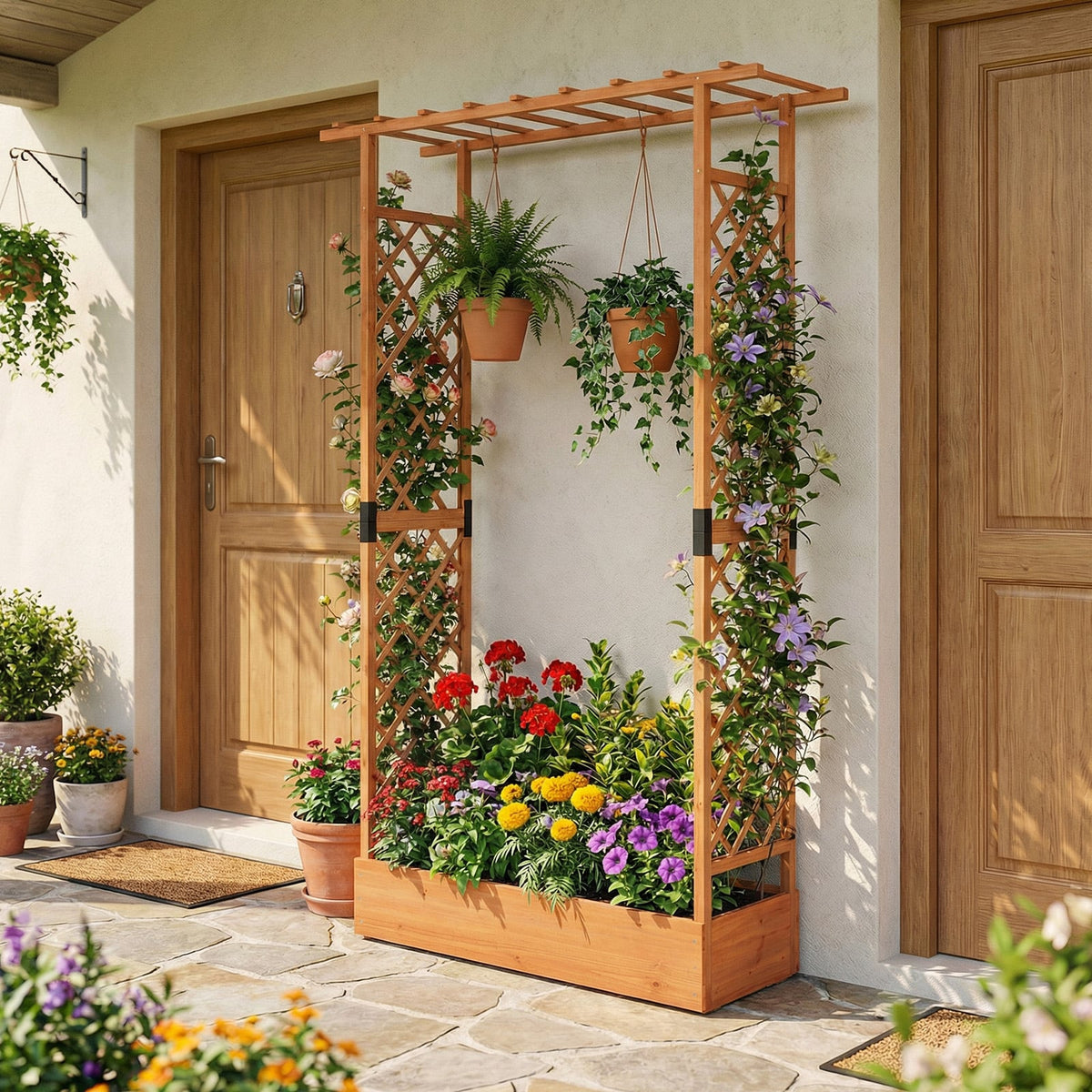 89 Inch Tall Wooden Raised Garden Bed with Side Trellis and Hanging Roof Drainage Holes-Orange-Raised Garden Beds-DECOROLALA