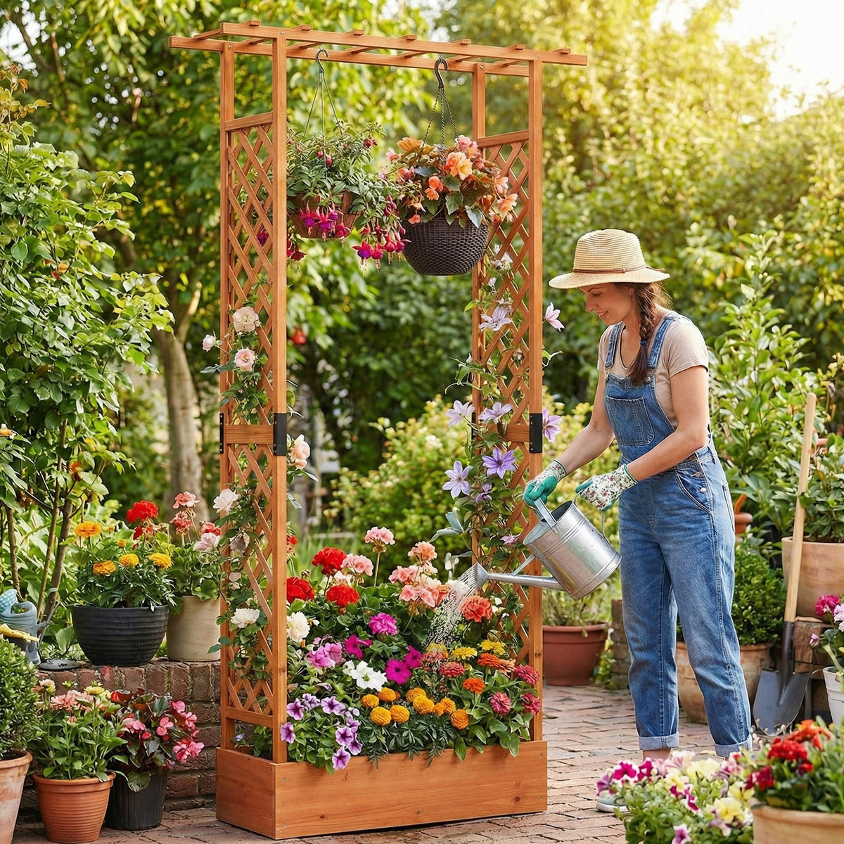 89 Inch Tall Wooden Raised Garden Bed with Side Trellis and Hanging Roof Drainage Holes-Orange-Raised Garden Beds-DECOROLALA