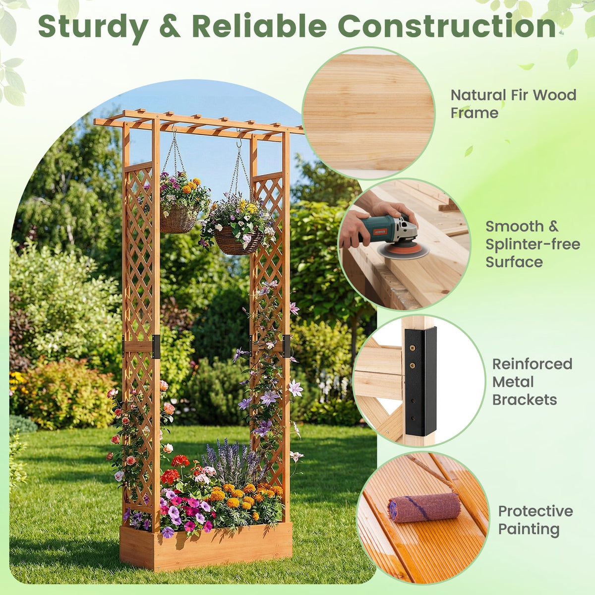 89 Inch Tall Wooden Raised Garden Bed with Side Trellis and Hanging Roof Drainage Holes-Orange-Raised Garden Beds-DECOROLALA