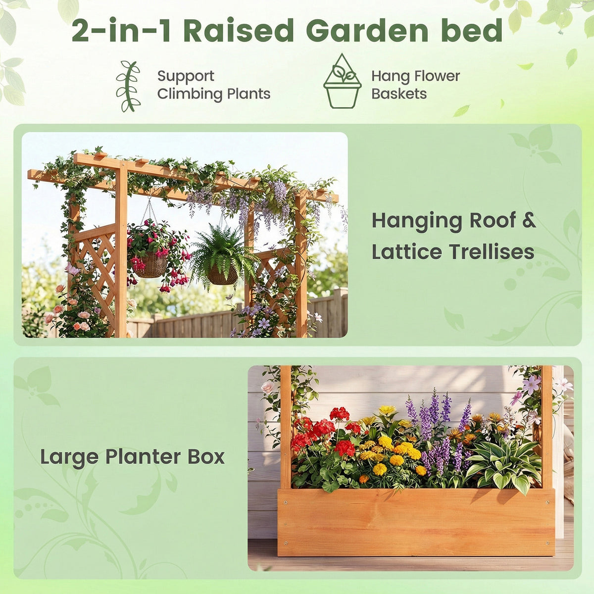 89 Inch Tall Wooden Raised Garden Bed with Side Trellis and Hanging Roof Drainage Holes-Orange-Raised Garden Beds-DECOROLALA