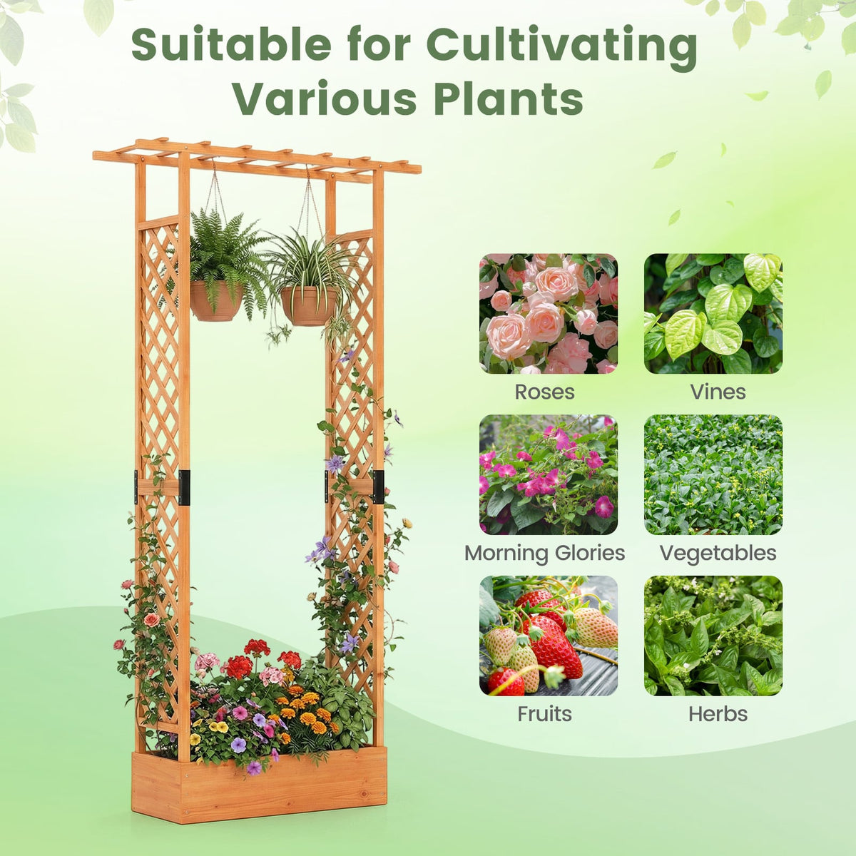 89 Inch Tall Wooden Raised Garden Bed with Side Trellis and Hanging Roof Drainage Holes-Orange-Raised Garden Beds-DECOROLALA