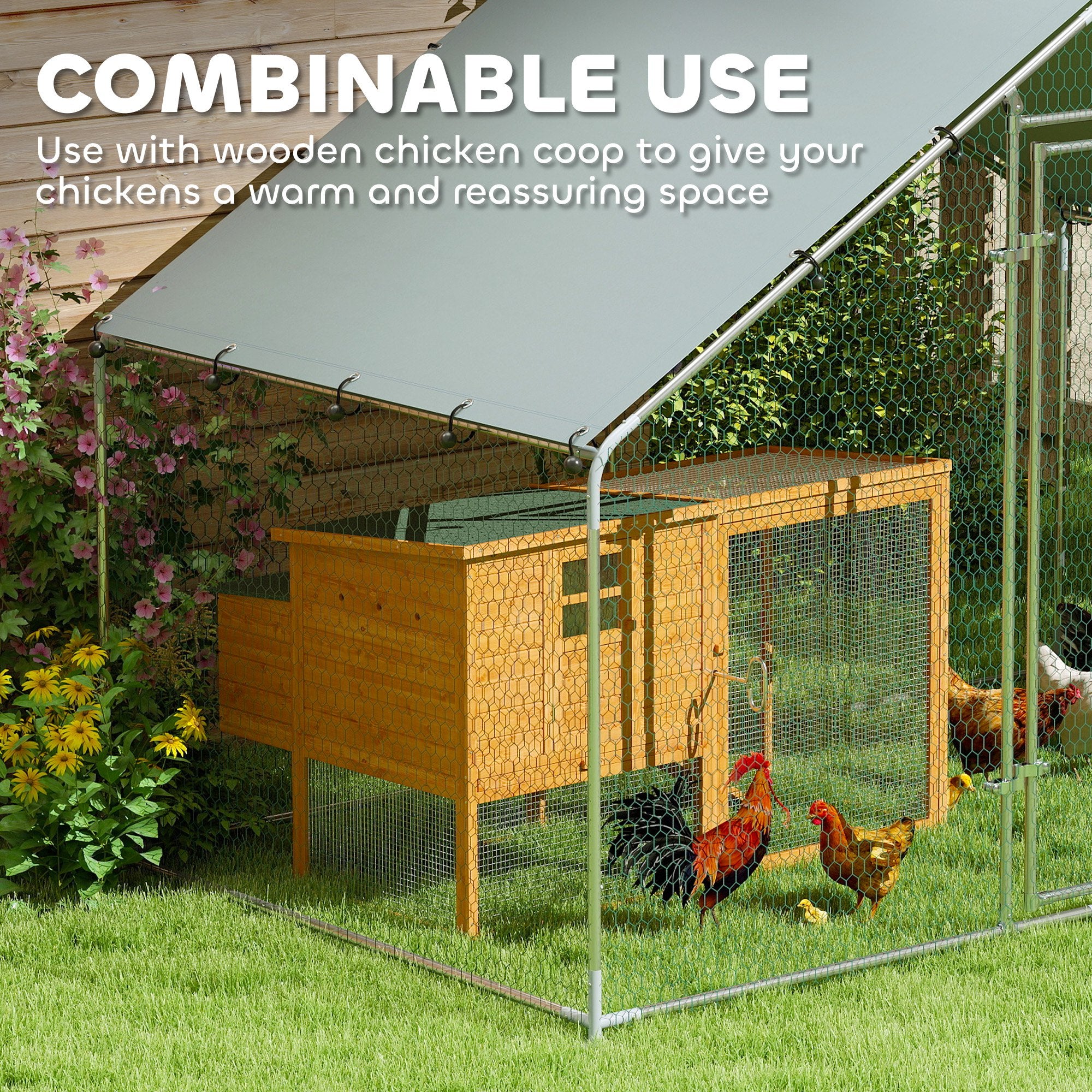 Metal Chicken Coop, 9.8 x 5.6 FT Walk-in Chicken Run with Cover, Lockable Door, Outdoor Poultry Cage for 5-8 Chickens