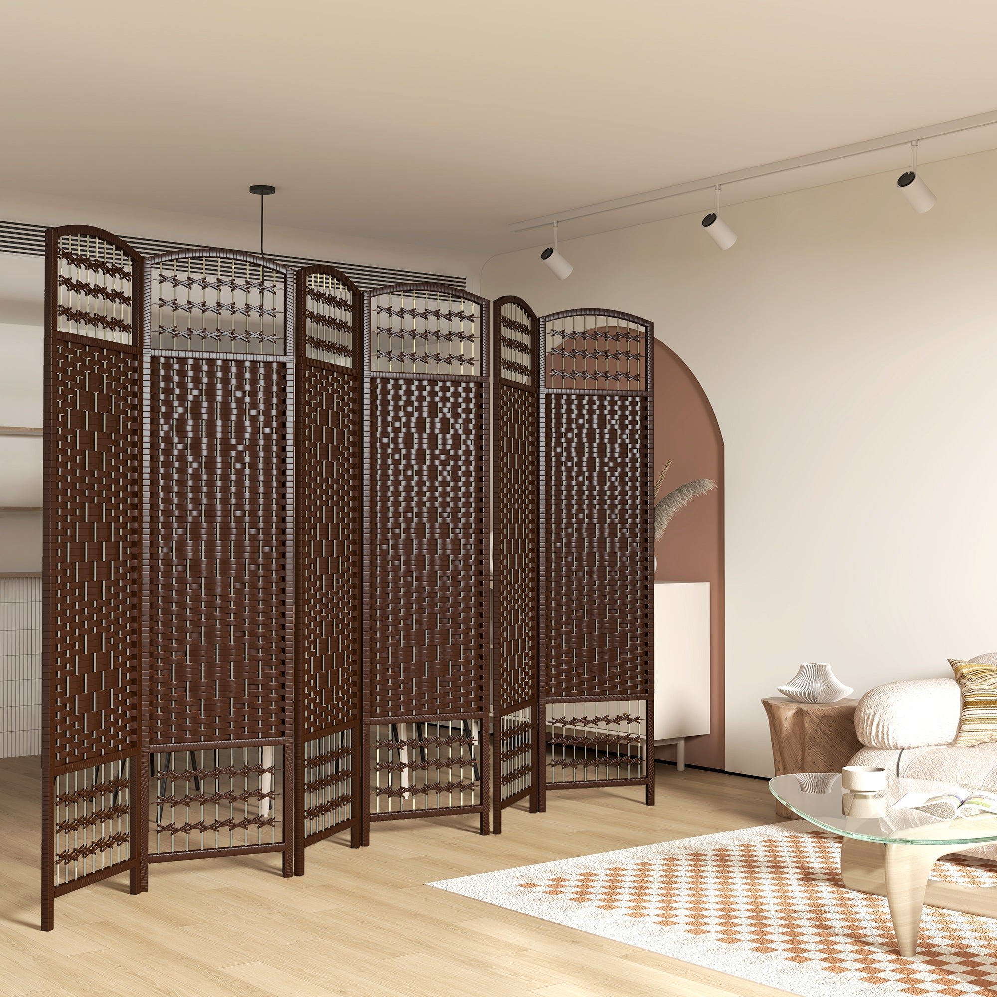 6 Panel Folding Room Divider, Portable Privacy Screen, Wave Fiber Room Partition for Home Office, Brown