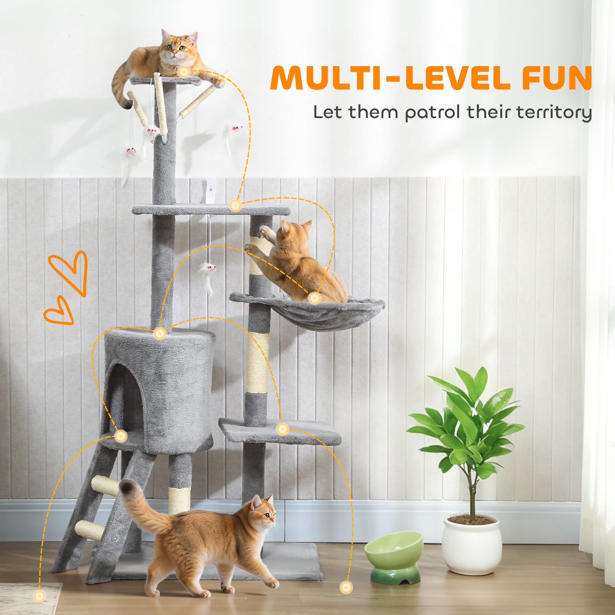 53" Cat Tree Tower, Kitten Activity Centre with Scratching Posts, Condo, Perches, Ladder, Hammock, Dangling Toys, Grey