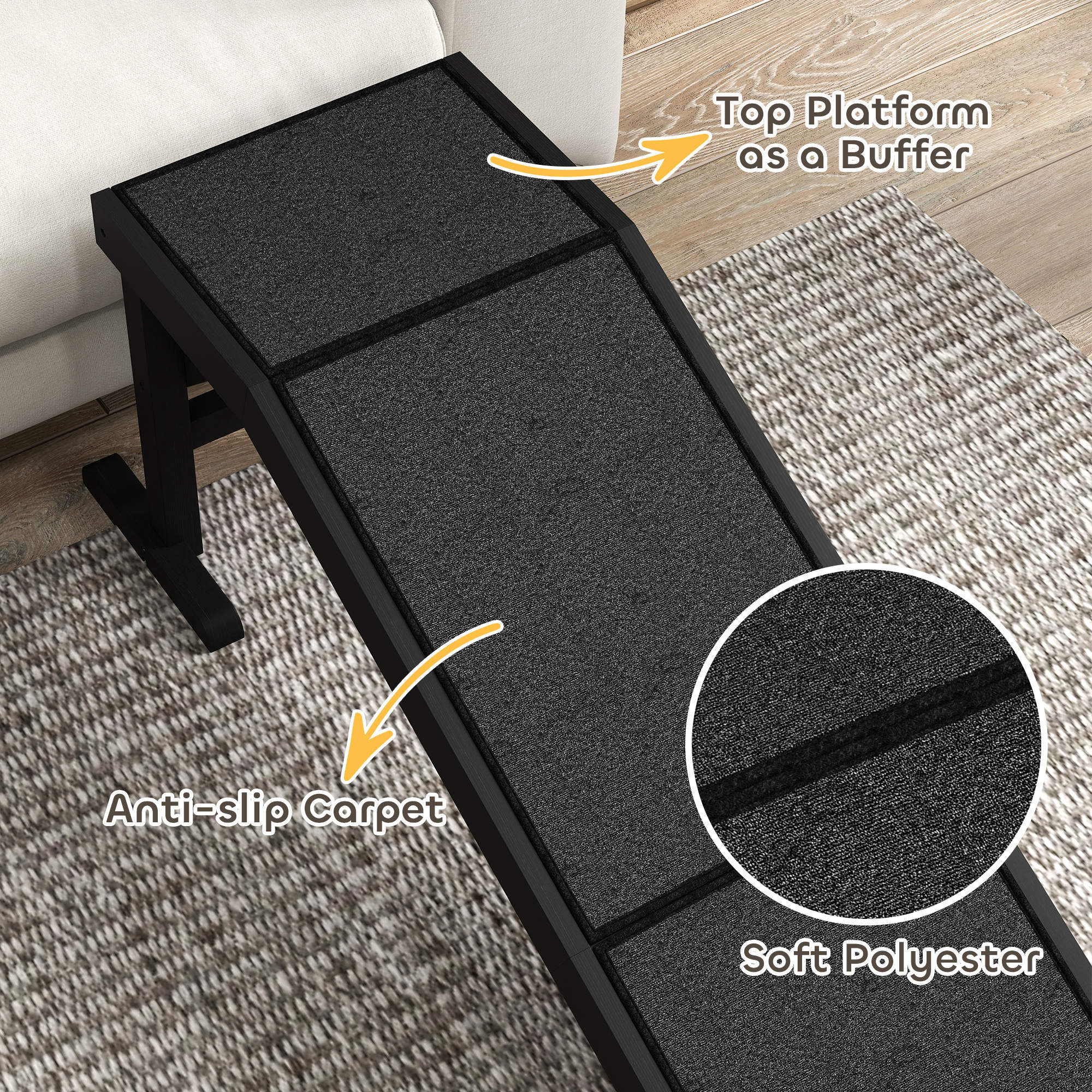 Pet Ramp Bed Steps for Dogs Cats Non-slip Carpet Top Platform Pine Wood 59"L x 16"W x 20"H Black