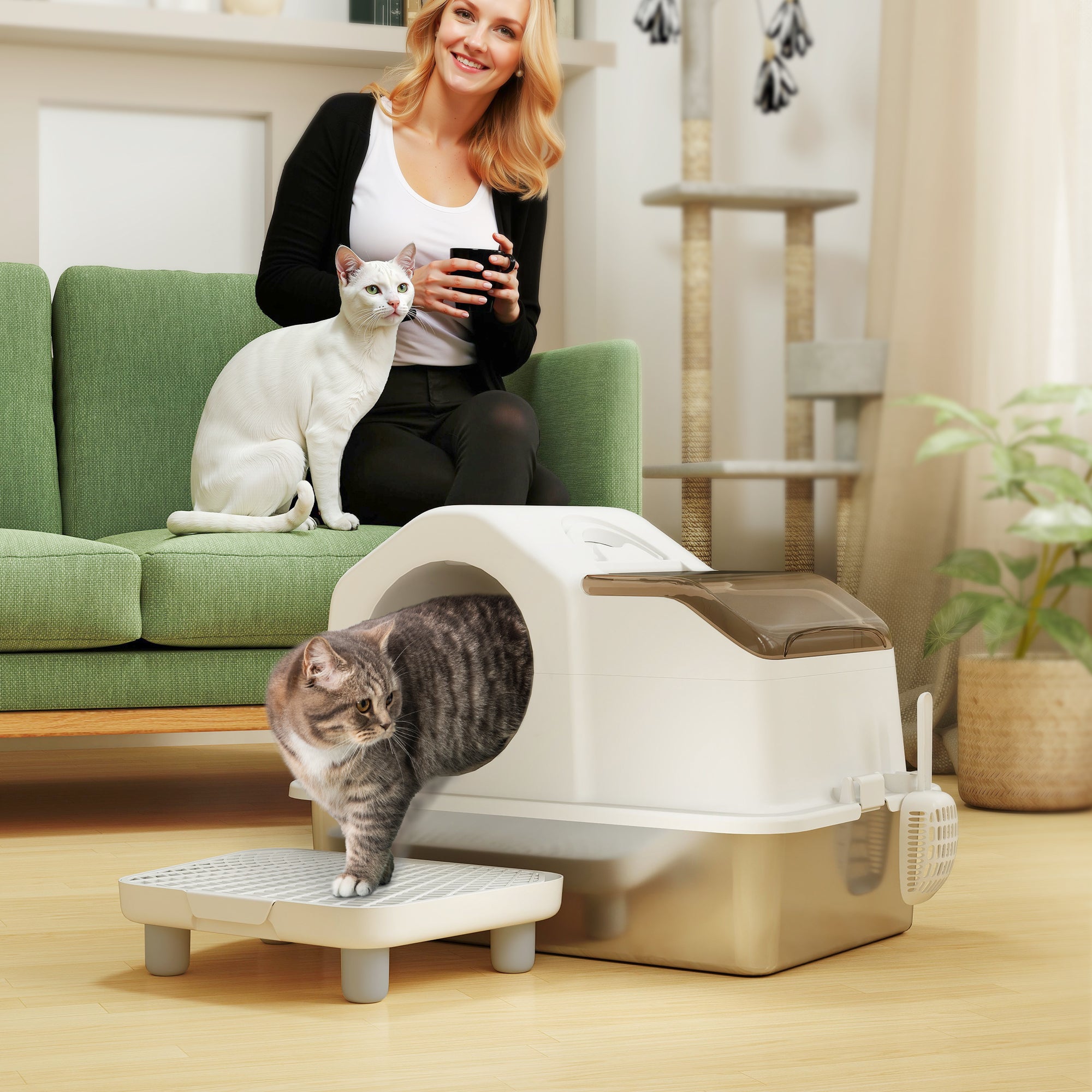 Extra Large Stainless Steel Cat Litter Box w/ High Sided, Removable Lid, Mats, Scoop, Odor Free, Non-Sticky, Leakproof