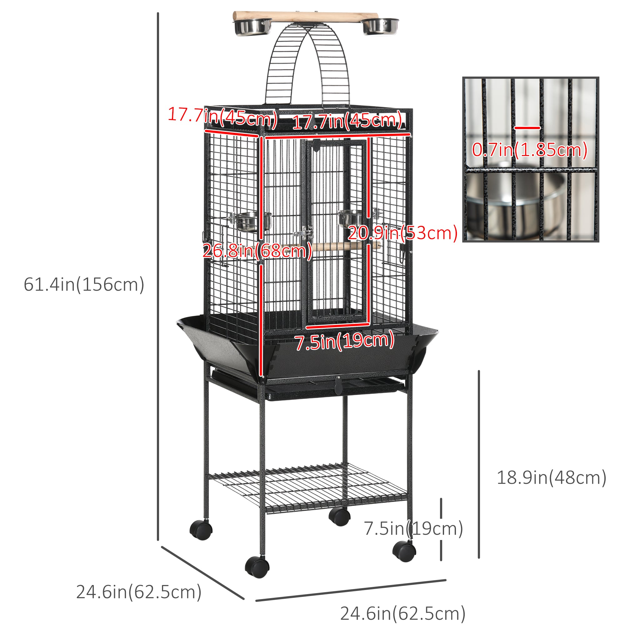 Cage à oiseaux de 61.5 pouces, maison pour perruches et calopsittes avec support, plateau amovible, aire de jeu supérieure, étagère de rangement, perchoir en bois et récipient à nourriture