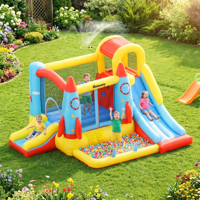 Outsunny Inflatable Rocket Bounce House with Slides and Pool