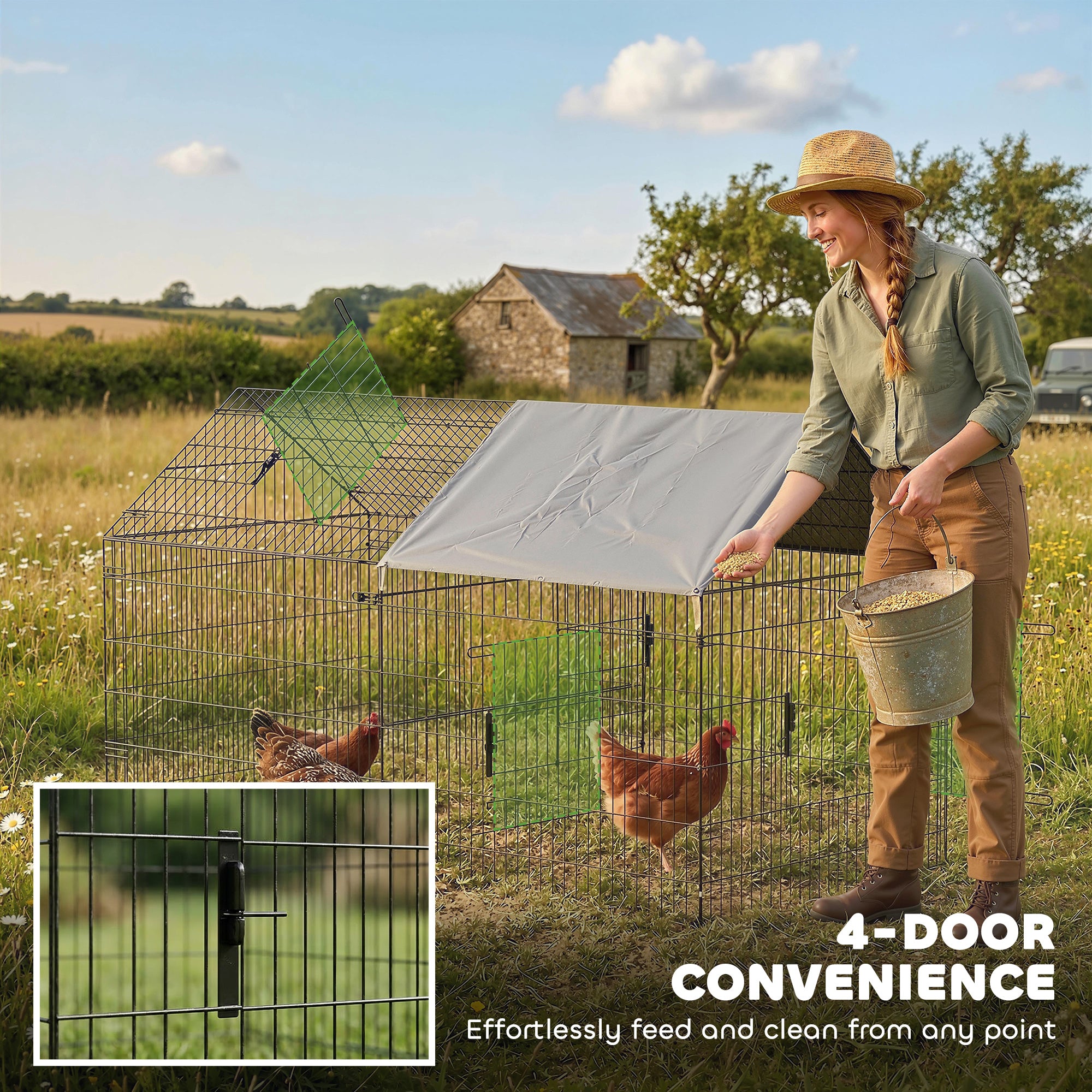 Metal Chicken Coop, Large Chicken Run with Water-Resistant & Anti-UV Cover for 2-3 Hens, Outdoor Hen House with 4 Doors