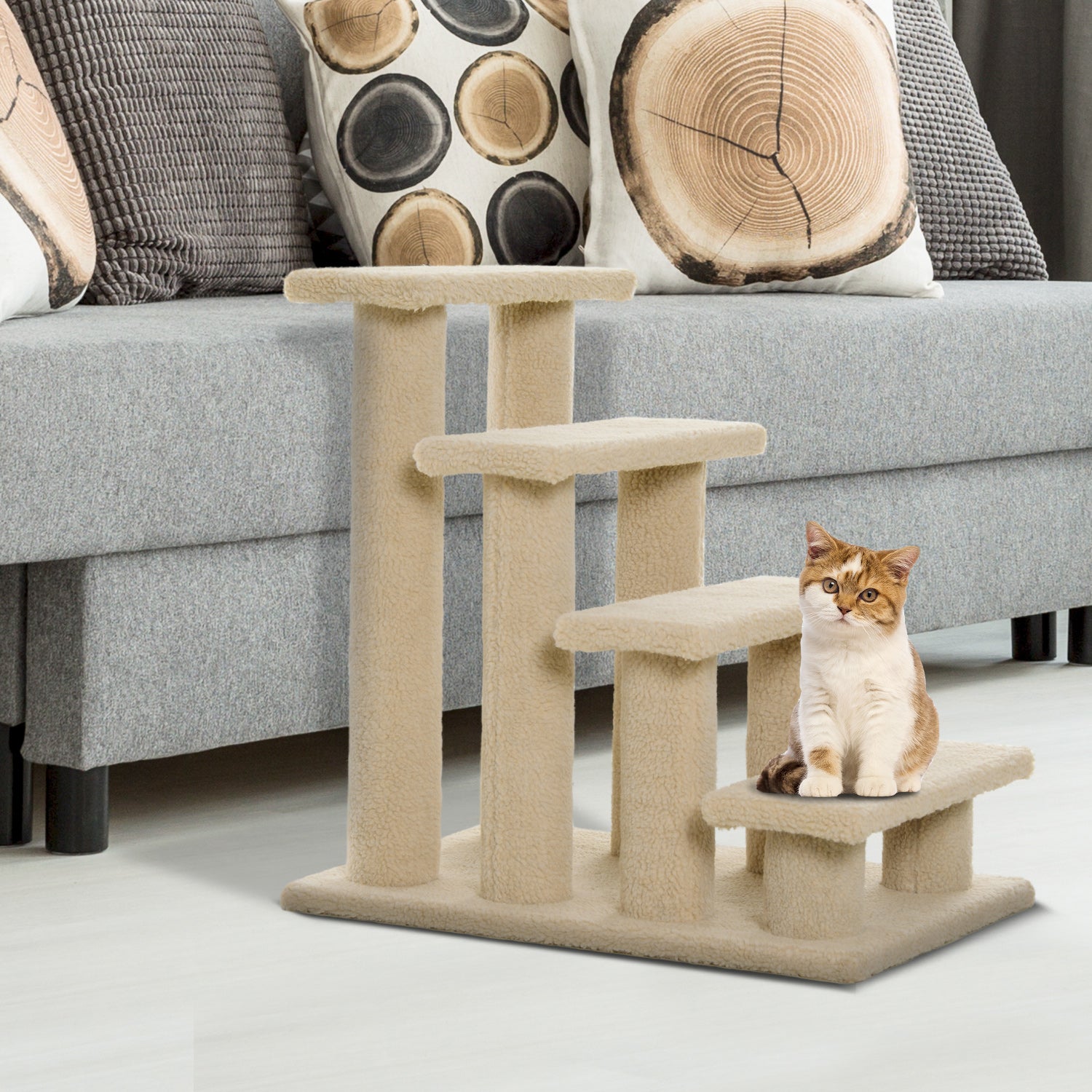 Escalier pour animaux à 4 marches de 23.5", meuble avec griffoir pour chiens et chats, blanc crème