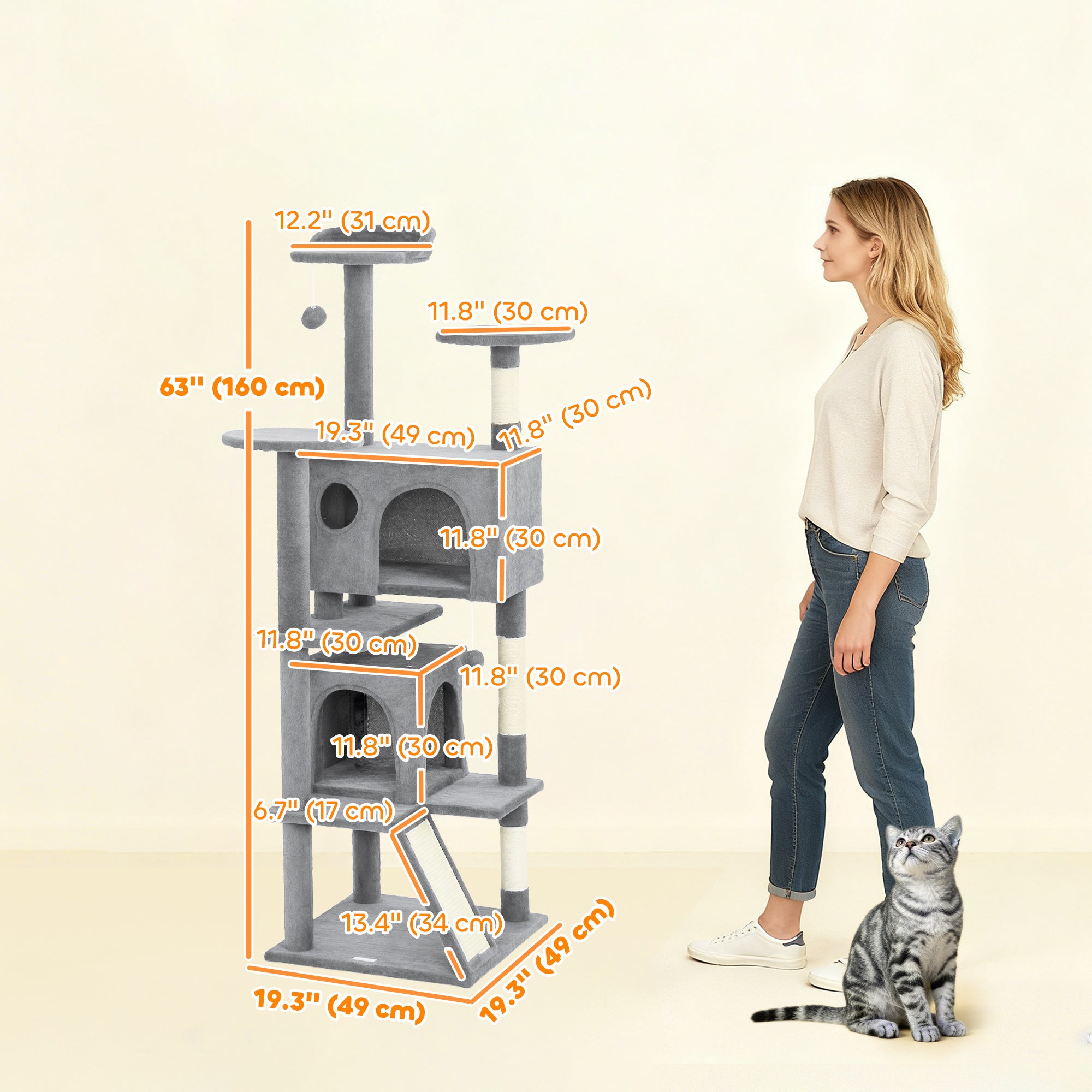 54" Cat Tree, Multi-Level Cat Tower with Scratching Posts, Cat Condos, Bed, Platforms, Ramp, Toy Ball, Light Grey