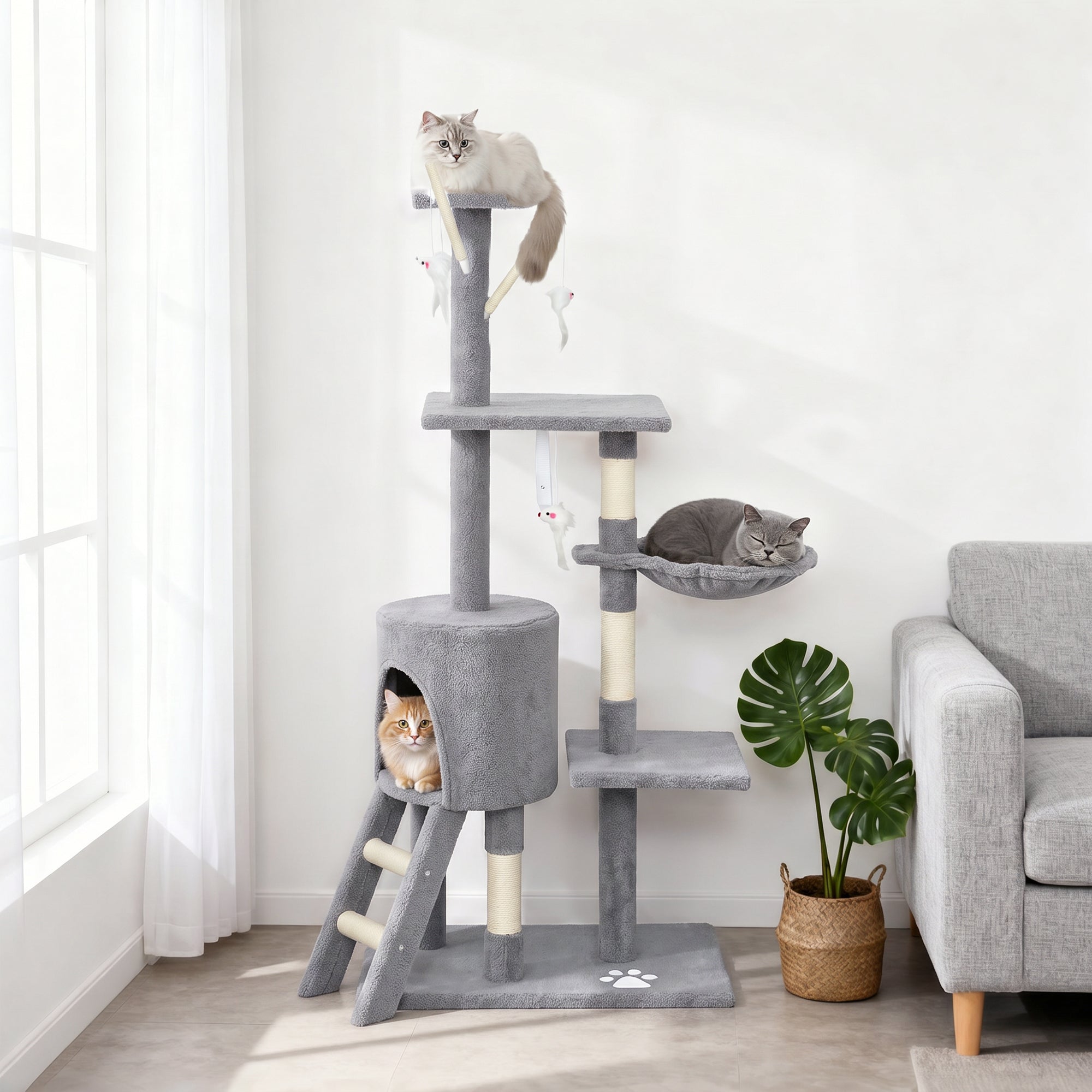 53" Cat Tree Tower, Kitten Activity Centre with Scratching Posts, Condo, Perches, Ladder, Hammock, Dangling Toys, Grey