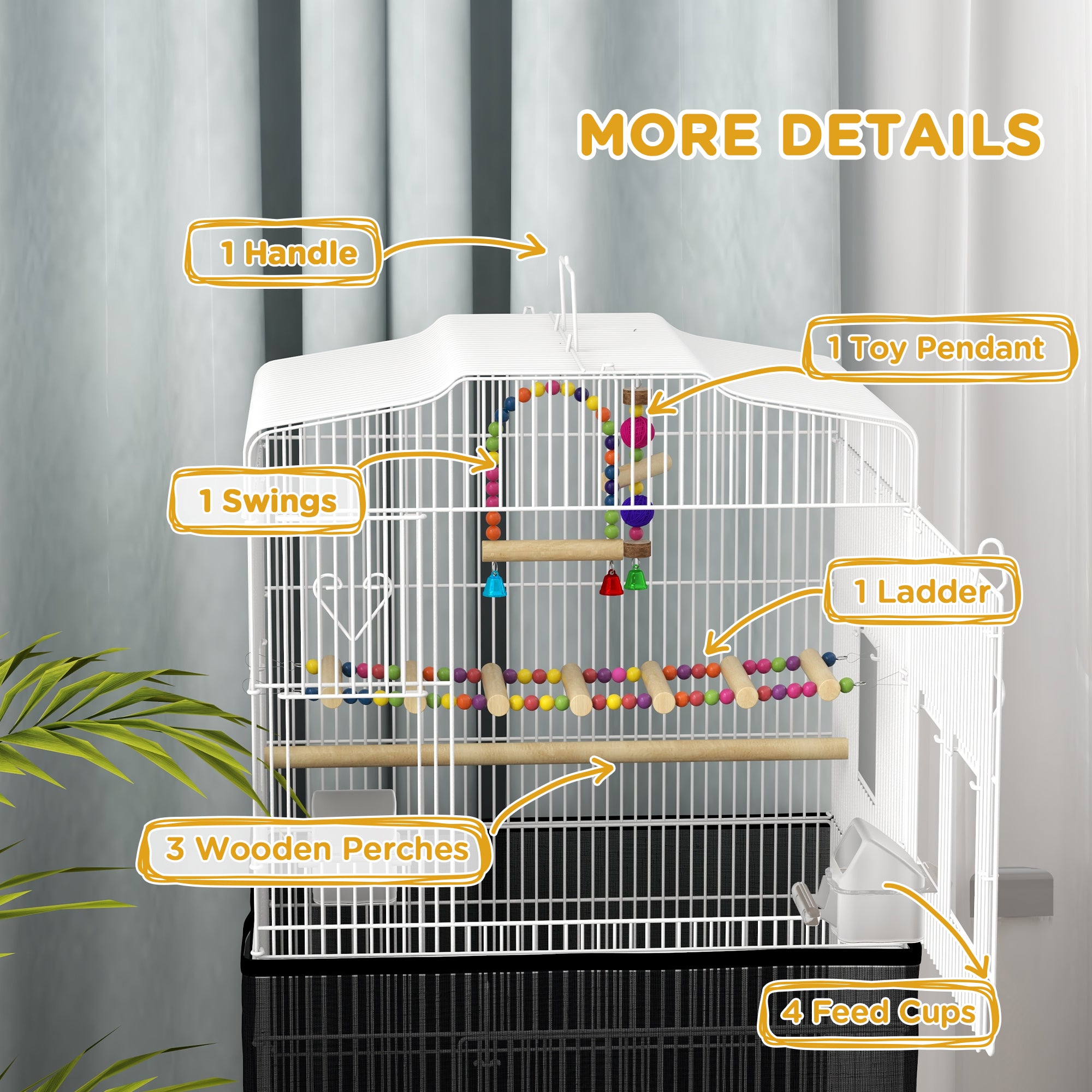 Cage à oiseaux de 36" avec accessoires, poignée, housse en filet, plateau, blanc