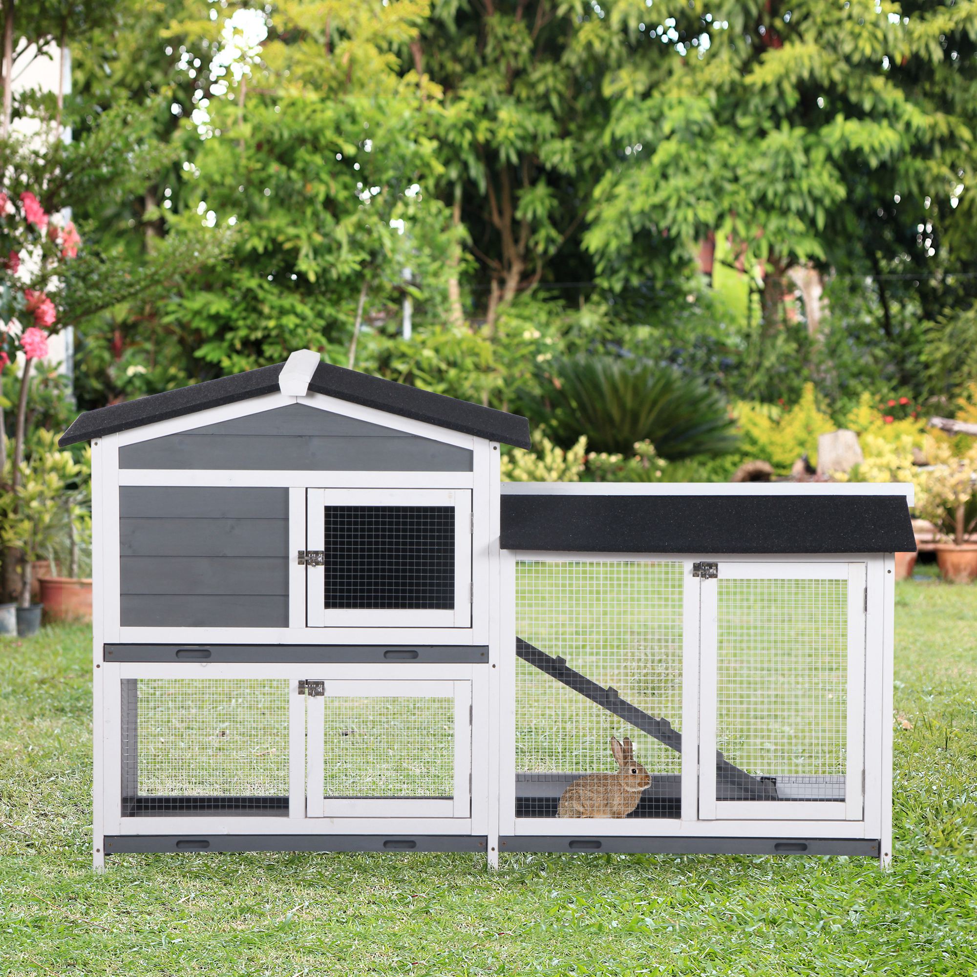 2-tier Wooden Rabbit Hutch w/ Ramp and Outdoor Run, Grey