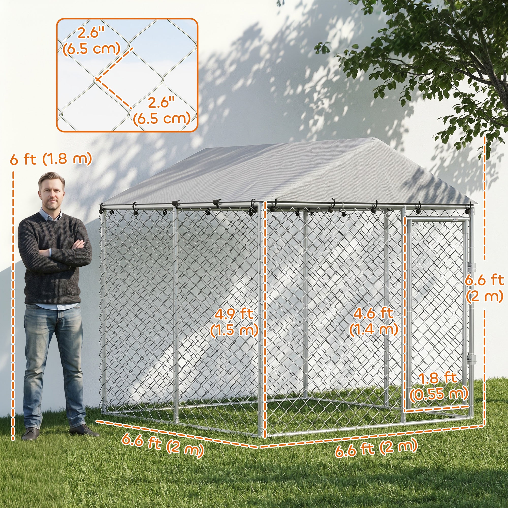 6.6' x 6.6' x 6.6' Outdoor Dog Kennel Heavy Duty Galvanized Steel with UV-resistant Roof, Silver