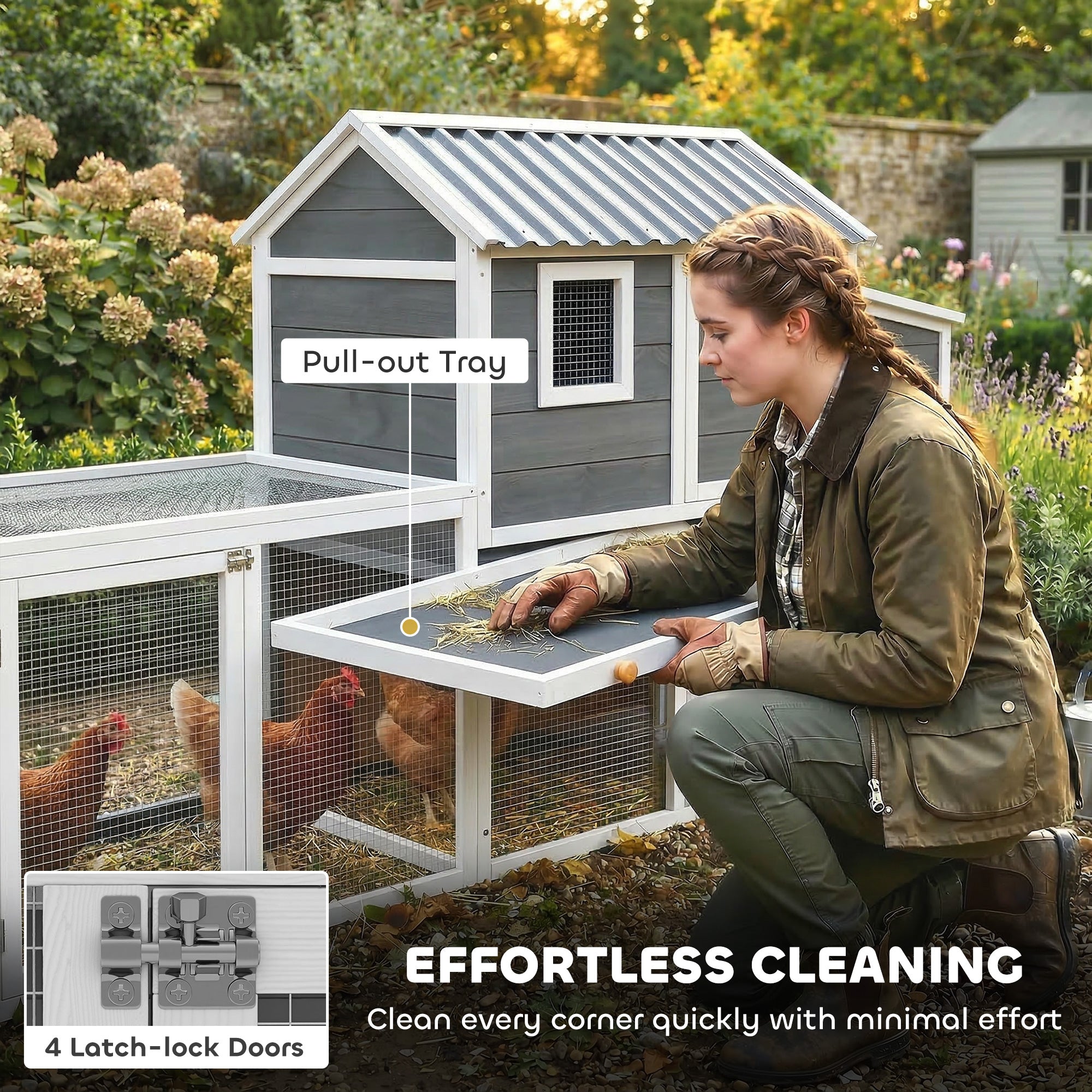 Large Chicken Coop, 134"L Wooden Chicken House with Run, Nesting Box, Slide-Out Tray, Waterproof Roof and Ramp