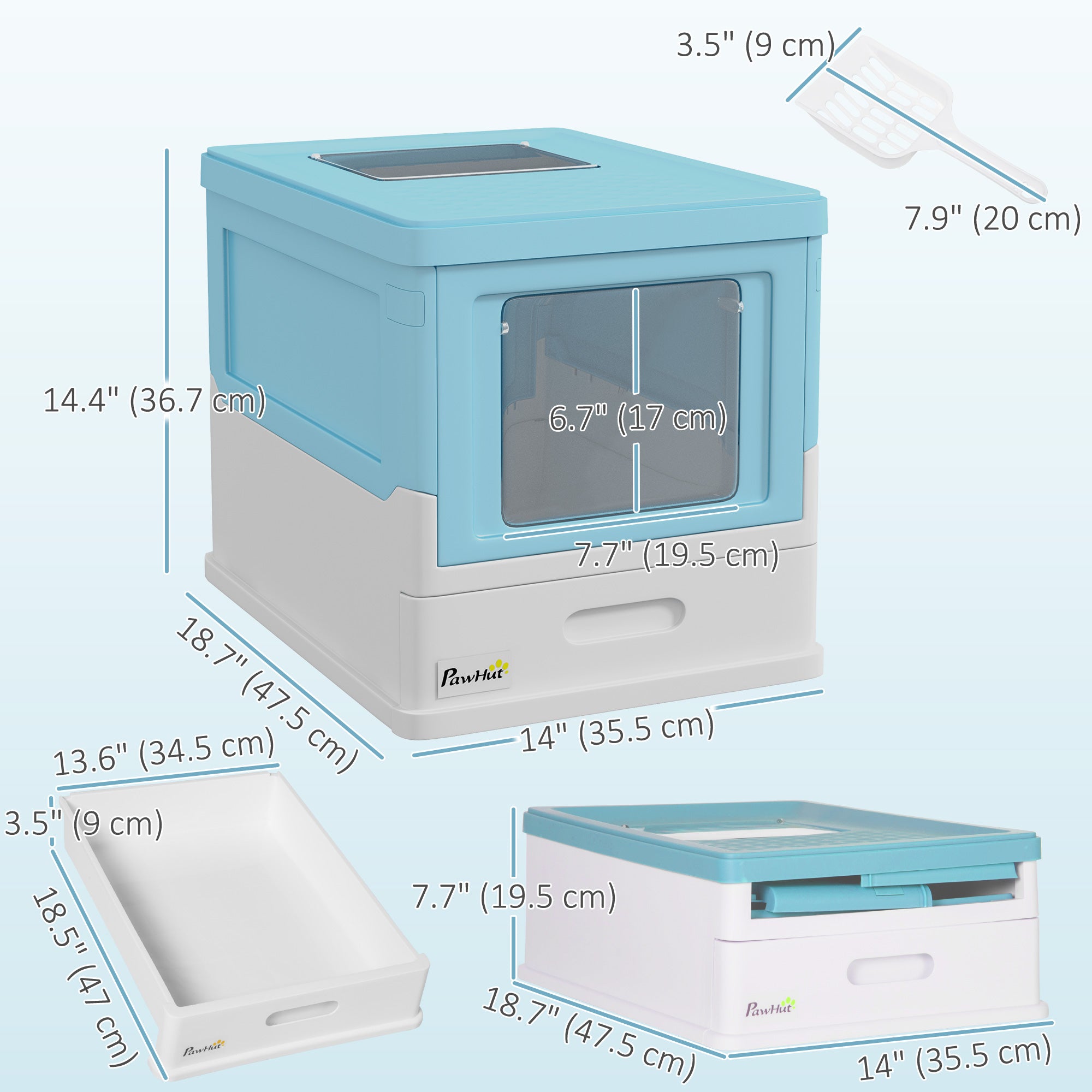 Top Entry Enclosed Kitty Litter Box with Scoop, Tray, Front Entry, Large Space, Foldable, Portable, Blue