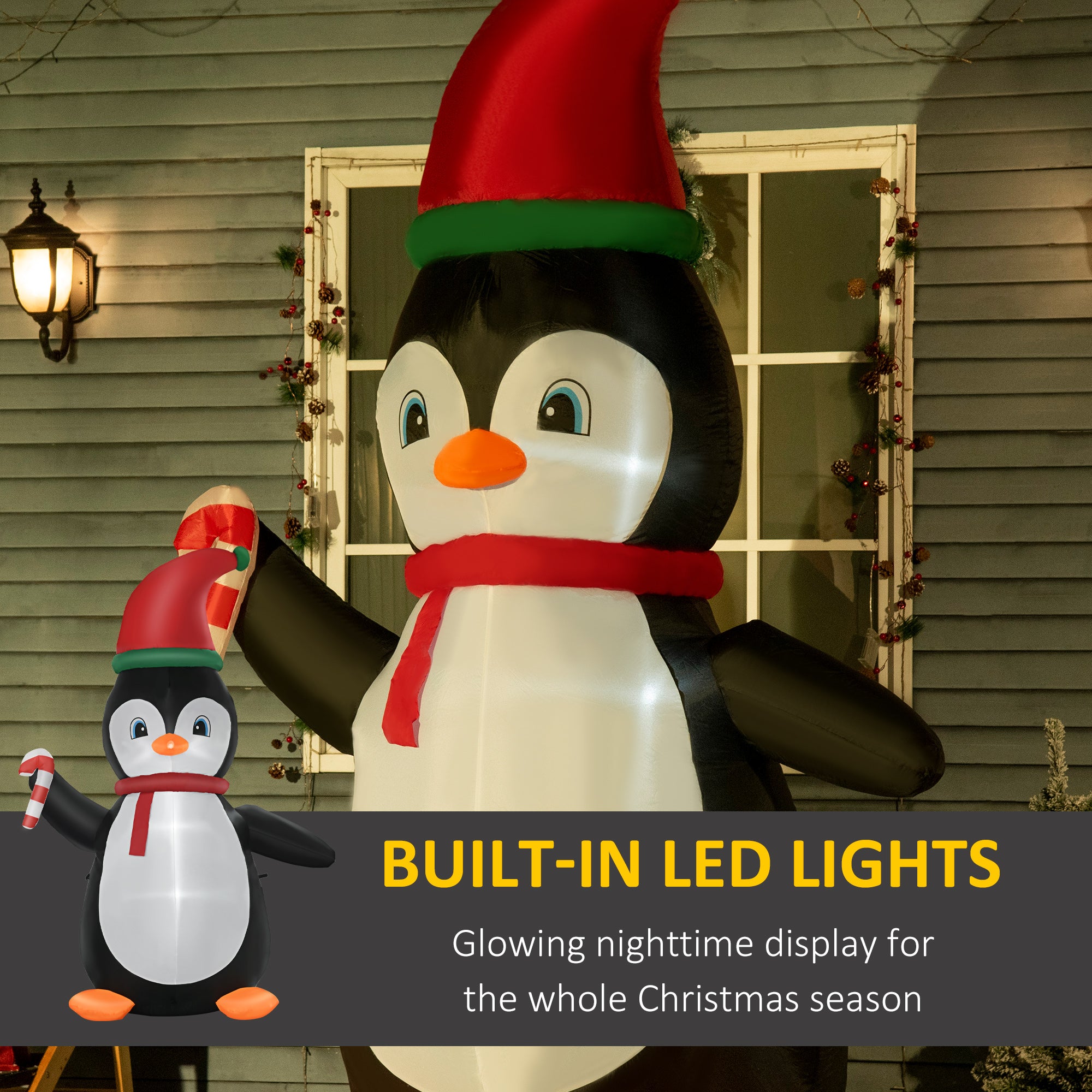 8.2' Inflatable Penguin Holding Candy Cane LED Lights Outdoor Decoration-Home Furnishings > Holiday & Seasonal > Christmas Decorations > Christmas Inflatables-DECOROLALA