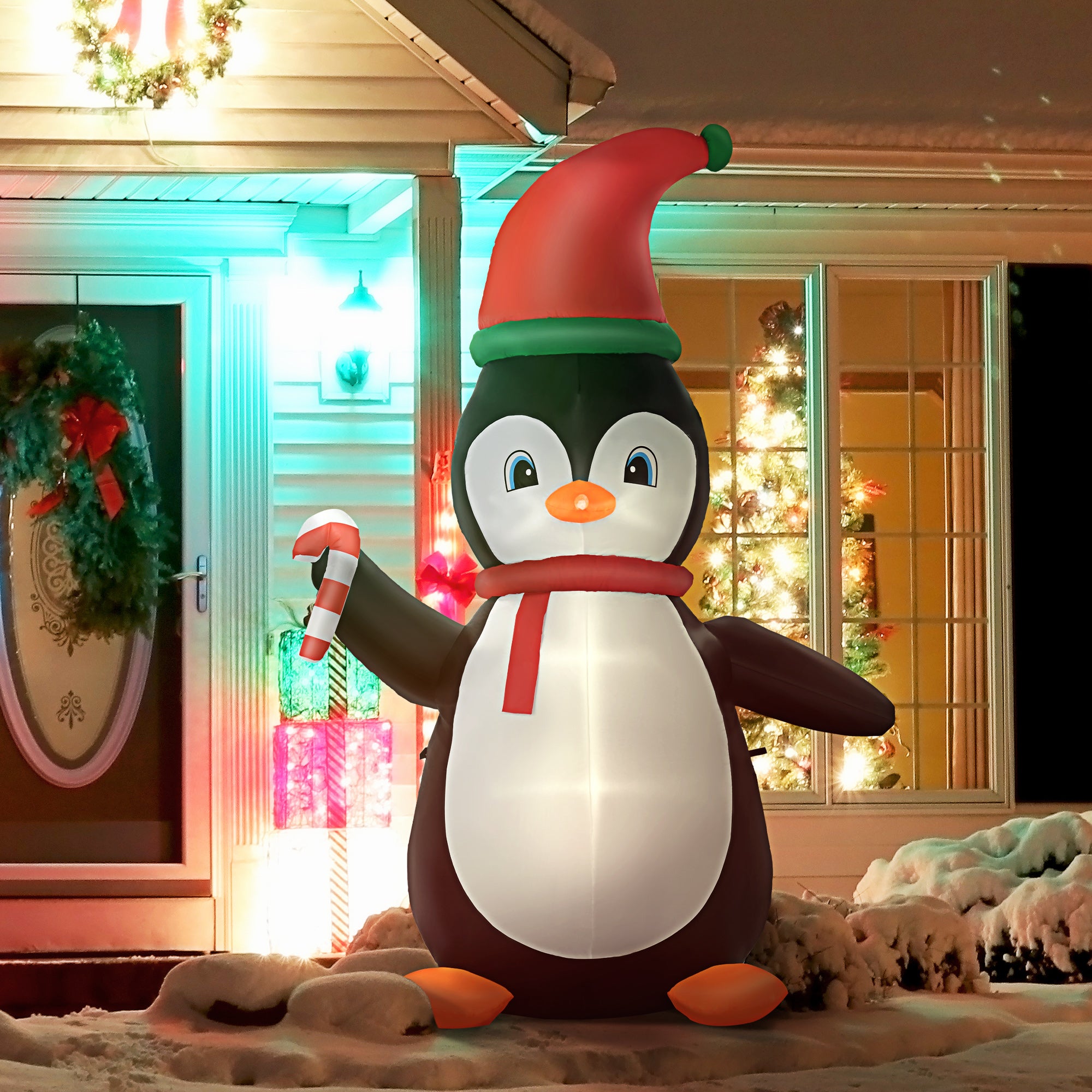 8.2' Inflatable Penguin Holding Candy Cane LED Lights Outdoor Decoration-Home Furnishings > Holiday & Seasonal > Christmas Decorations > Christmas Inflatables-DECOROLALA