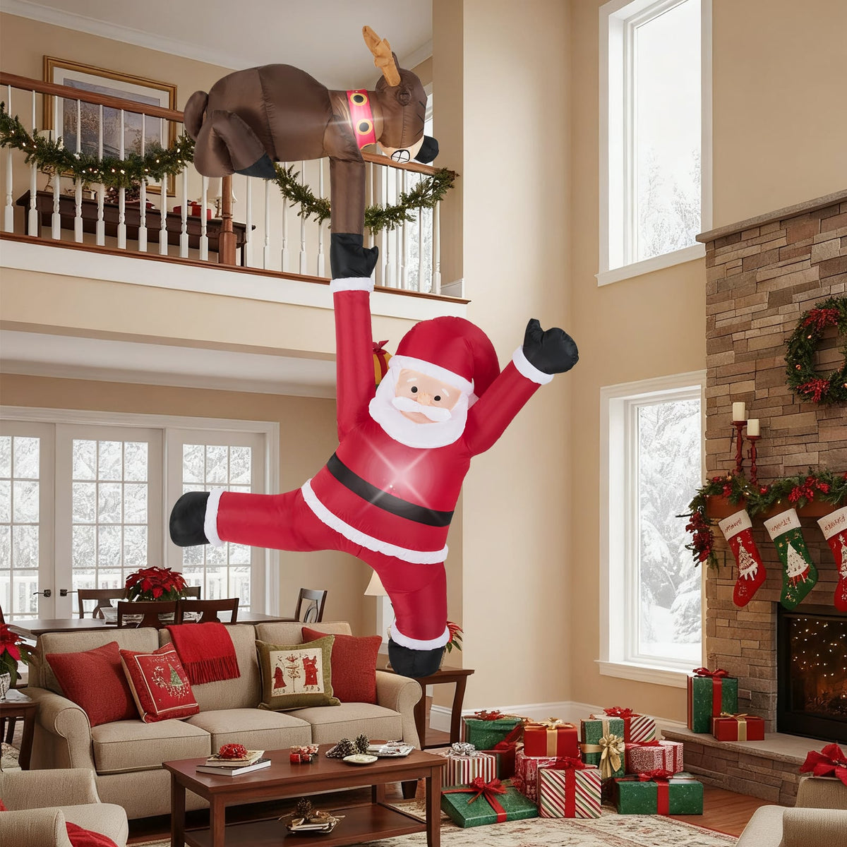 8.5 Feet Christmas Inflatable Reindeer and Climbing Santa Claus with Built-in LED Lights-Christmas Inflatables-DECOROLALA
