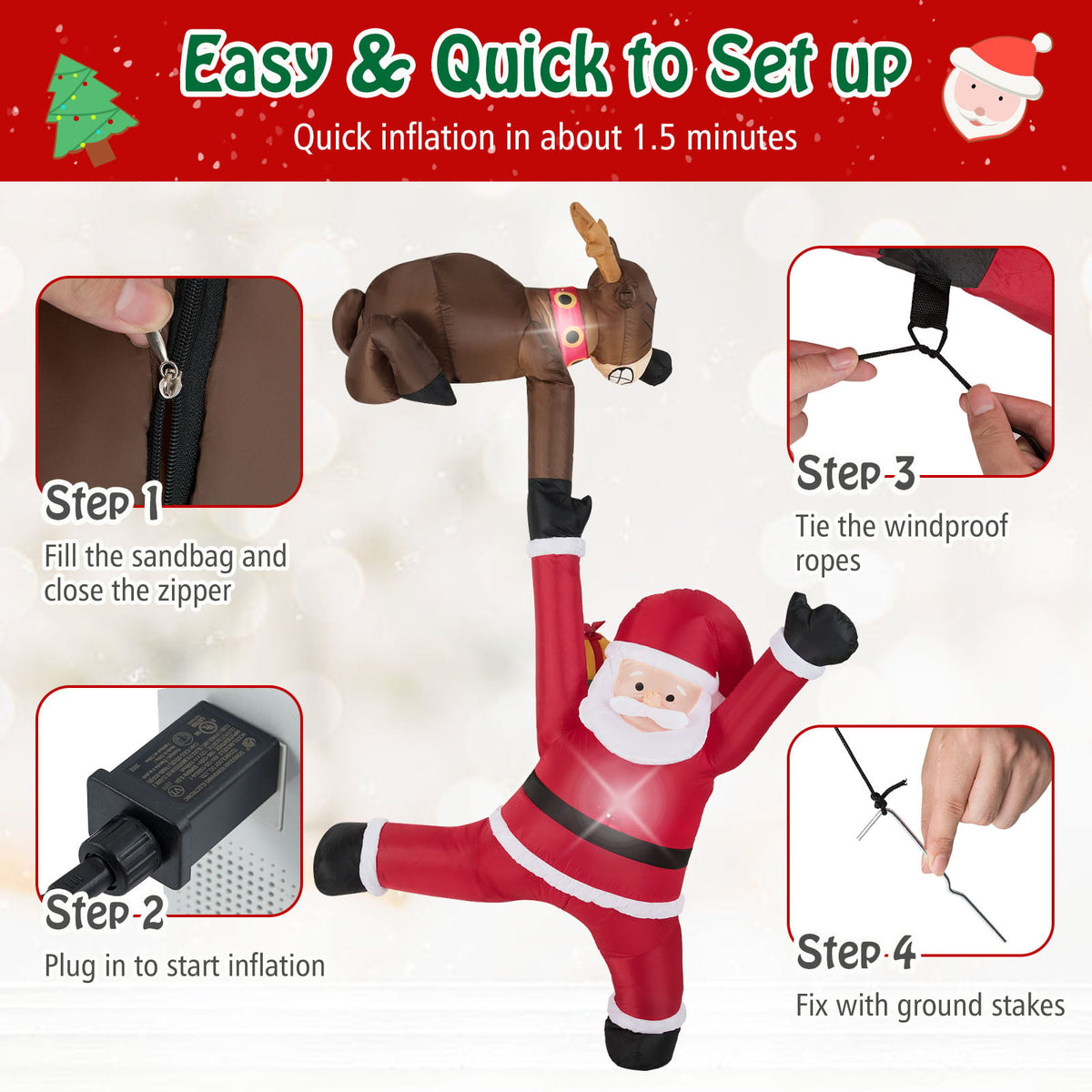 8.5 Feet Christmas Inflatable Reindeer and Climbing Santa Claus with Built-in LED Lights-Christmas Inflatables-DECOROLALA