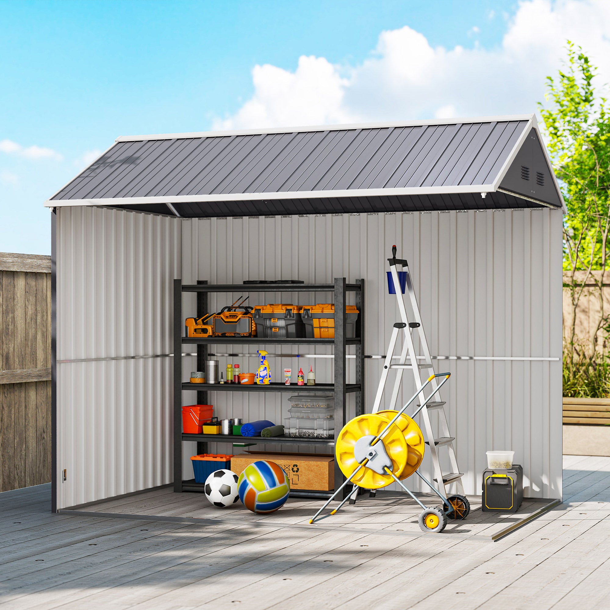 8.5' x 5.5' Metal Garden Storage Shed - Light Grey-Patio & Garden > Lawn & Garden > Sheds-DECOROLALA