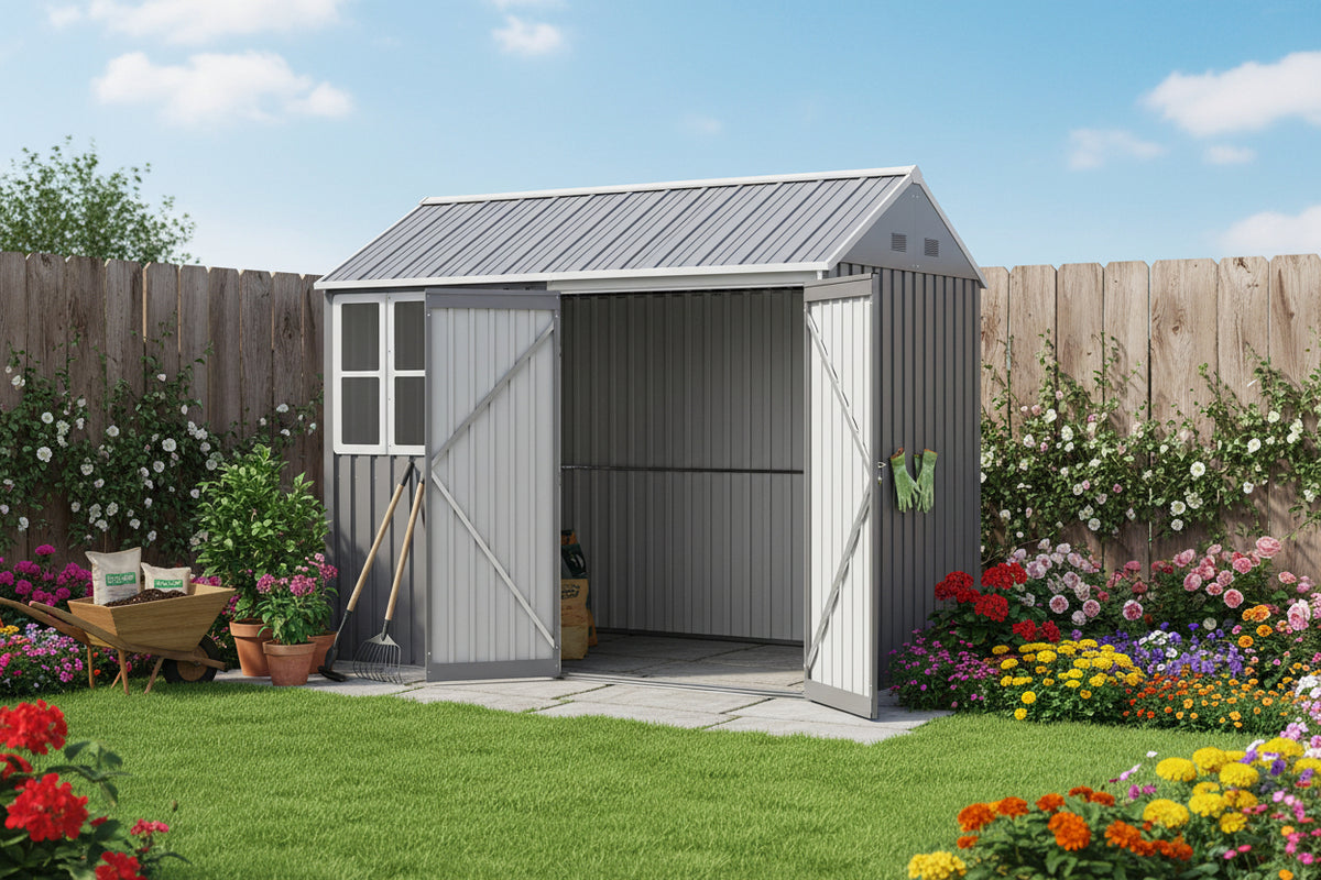 8.5' x 5.5' Metal Garden Storage Shed - Light Grey-Patio & Garden > Lawn & Garden > Sheds-DECOROLALA