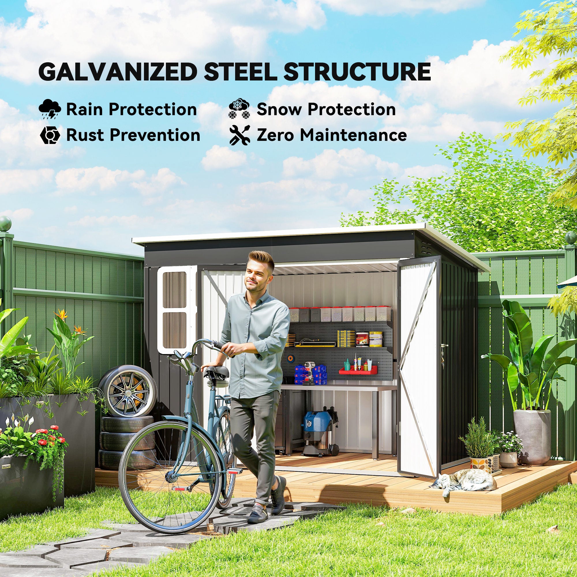 8.5' x 6' Galvanized Steel Outdoor Garden Shed - Dark Grey-Patio & Garden > Lawn & Garden > Sheds-DECOROLALA