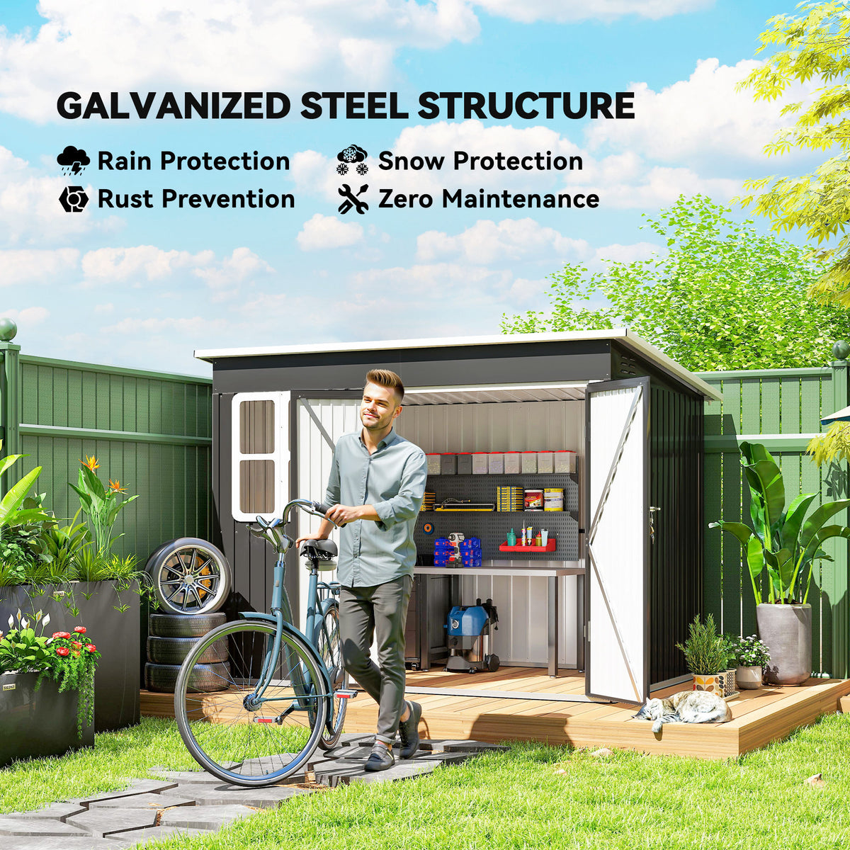 8.5' x 6' Galvanized Steel Outdoor Garden Shed - Dark Grey-Patio & Garden > Lawn & Garden > Sheds-DECOROLALA