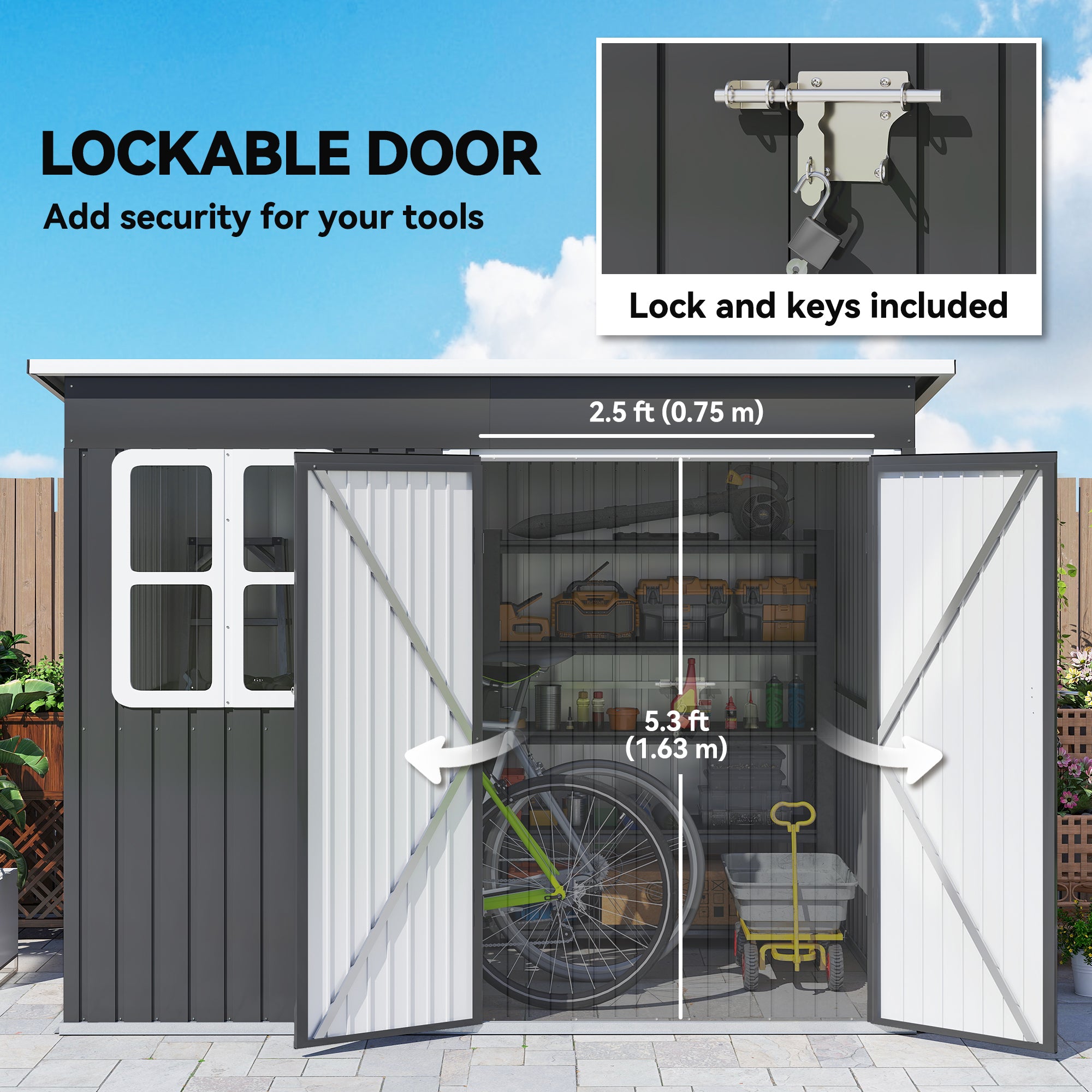 8.5' x 6' Galvanized Steel Outdoor Garden Shed - Dark Grey-Patio & Garden > Lawn & Garden > Sheds-DECOROLALA