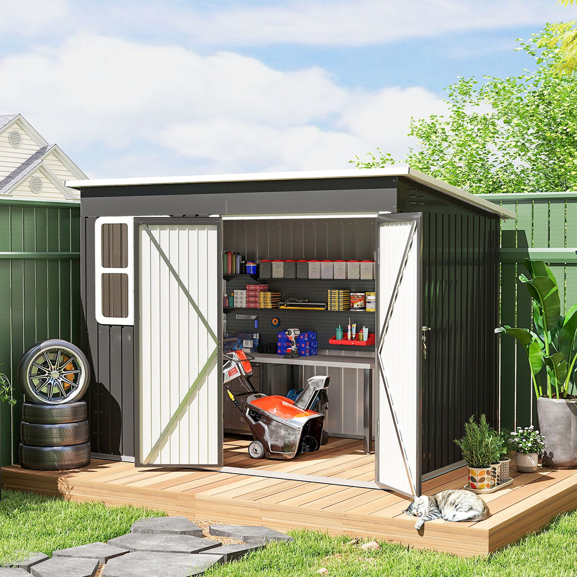 8.5' x 6' Galvanized Steel Outdoor Garden Shed - Dark Grey-Patio & Garden > Lawn & Garden > Sheds-DECOROLALA