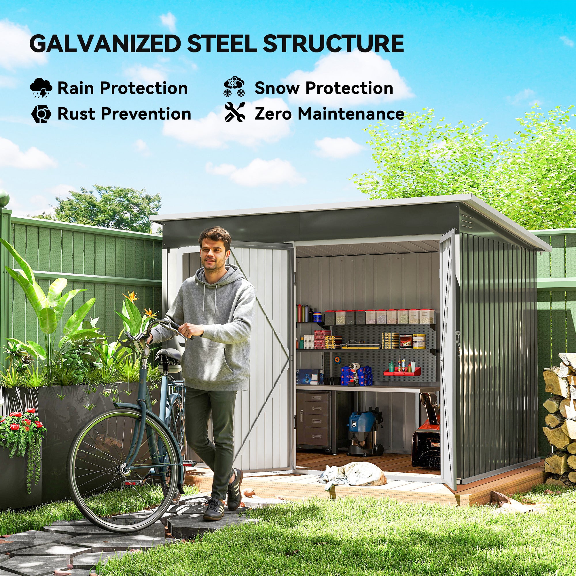 8.5' x 6' Galvanized Steel Outdoor Storage Shed - Grey-Patio & Garden > Lawn & Garden > Sheds-DECOROLALA
