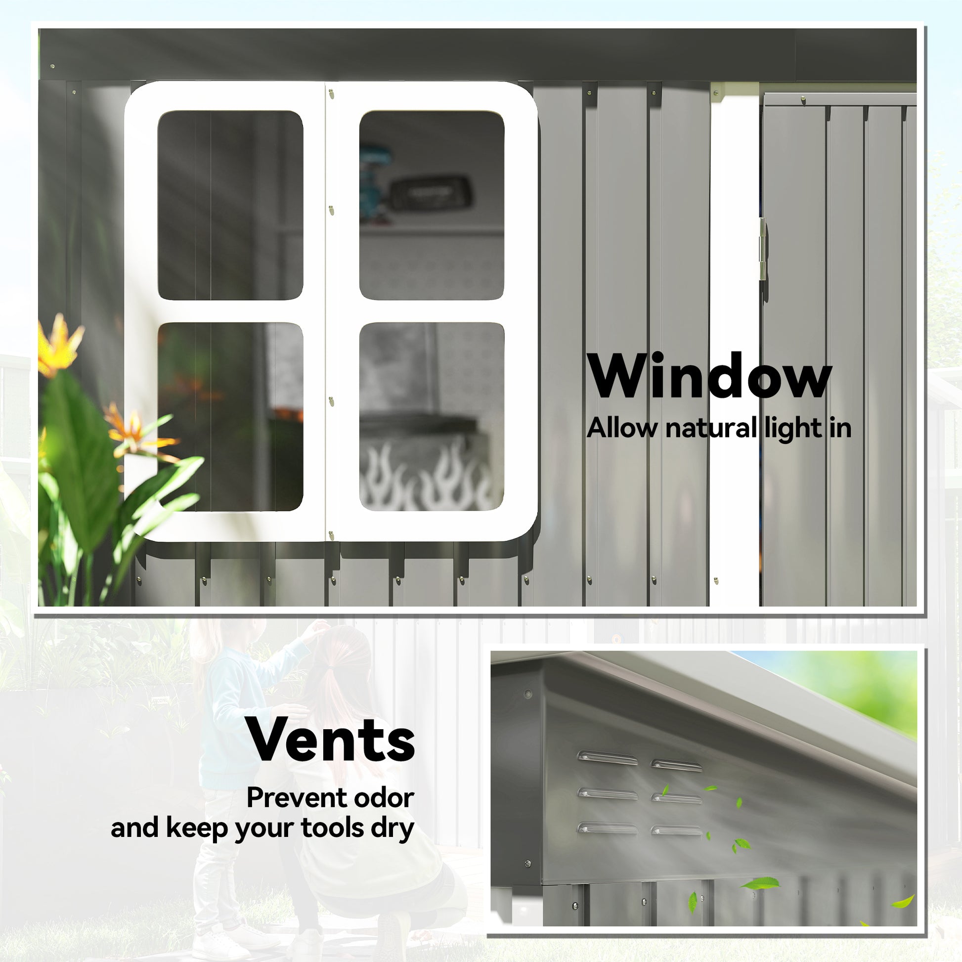 8.5' x 6' Galvanized Steel Outdoor Storage Shed - Grey-Patio & Garden > Lawn & Garden > Sheds-DECOROLALA