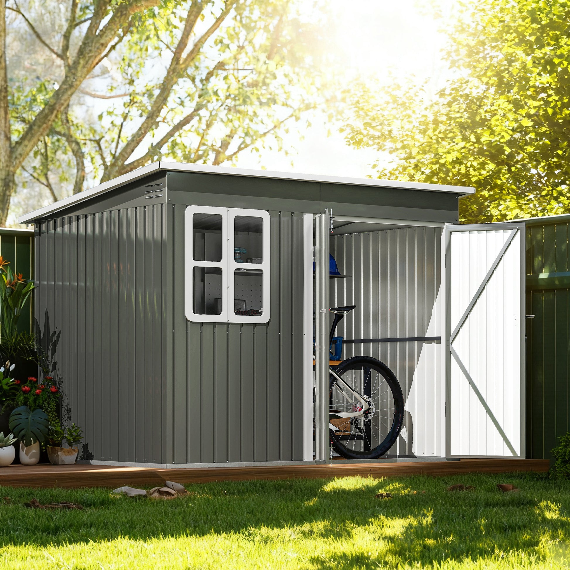 8.5' x 6' Galvanized Steel Outdoor Storage Shed - Grey-Patio & Garden > Lawn & Garden > Sheds-DECOROLALA