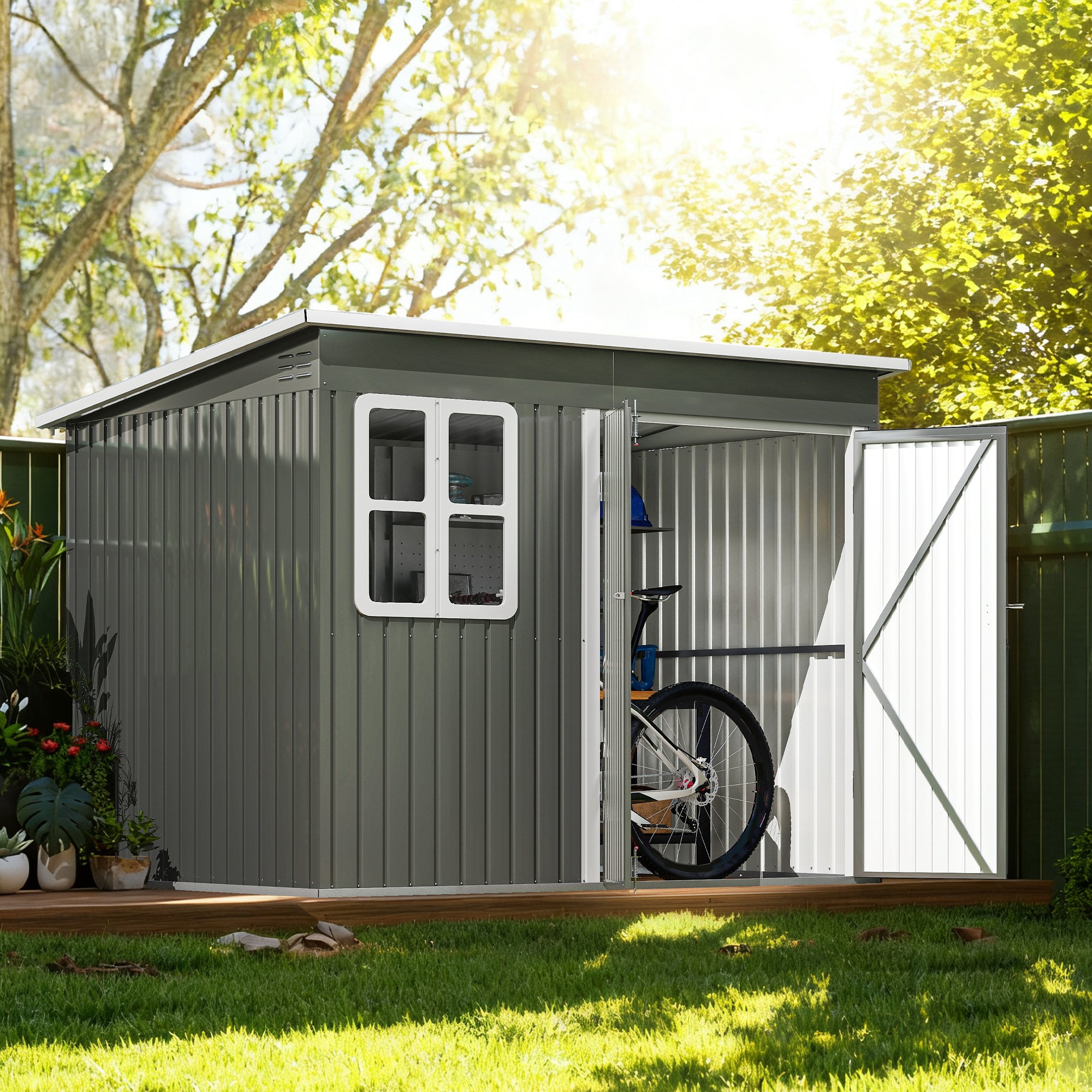 8.5' x 6' Galvanized Steel Outdoor Storage Shed - Grey-Patio & Garden > Lawn & Garden > Sheds-DECOROLALA