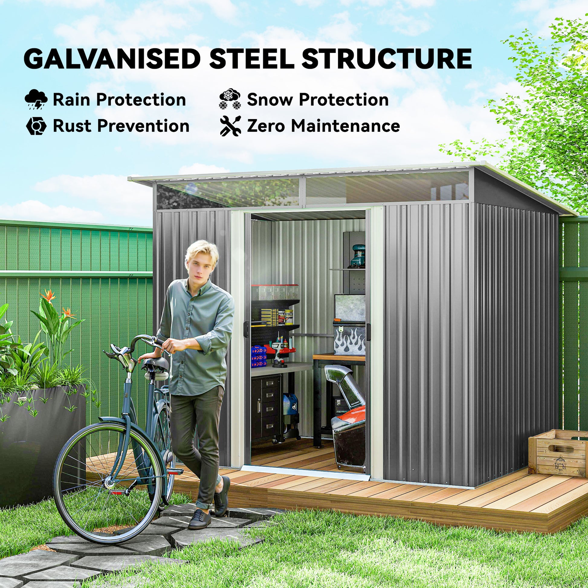 8.5' x 6' Steel Outdoor Garden Storage Shed - Grey Galvanized Steel-Patio & Garden > Lawn & Garden > Sheds-DECOROLALA