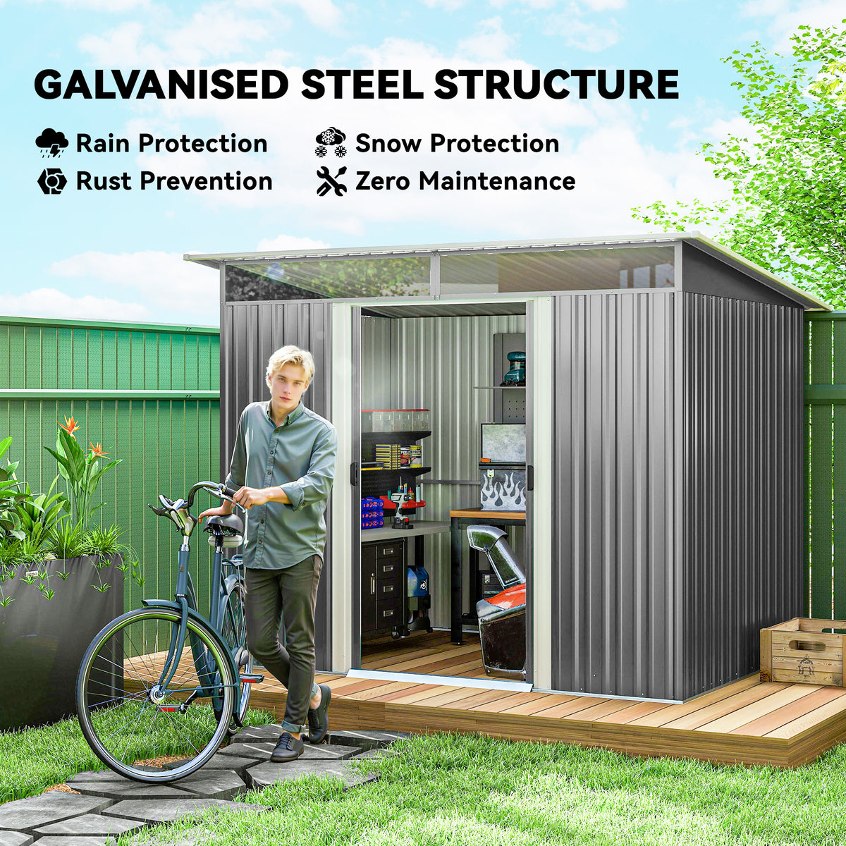 8.5' x 6' Steel Outdoor Garden Storage Shed - Grey Galvanized Steel-Patio & Garden > Lawn & Garden > Sheds-DECOROLALA
