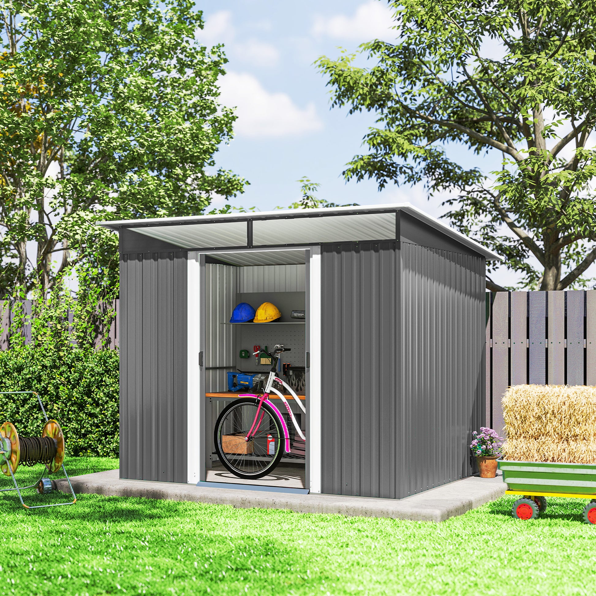 8.5' x 6' Steel Outdoor Garden Storage Shed - Grey Galvanized Steel-Patio & Garden > Lawn & Garden > Sheds-DECOROLALA