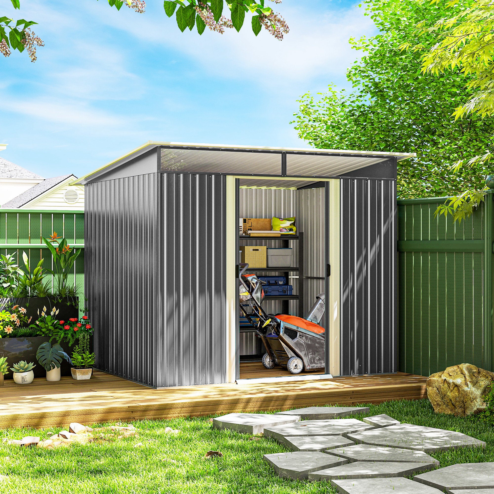 8.5' x 6' Steel Outdoor Garden Storage Shed - Grey Galvanized Steel-Patio & Garden > Lawn & Garden > Sheds-DECOROLALA