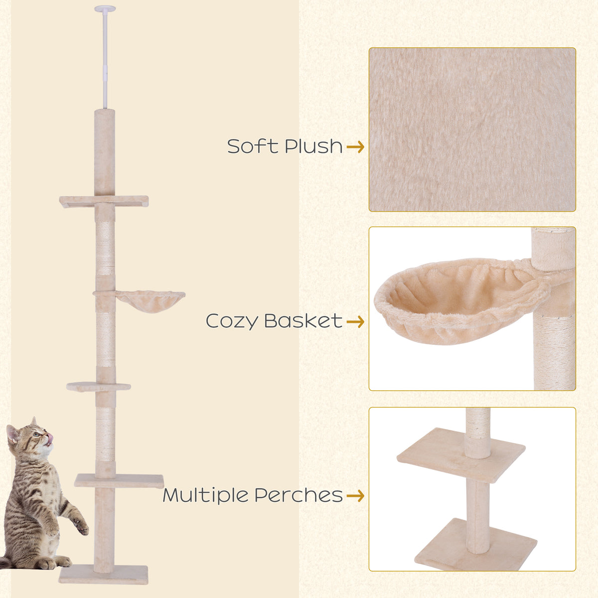 8.5ft Floor to Ceiling Cat Climbing Tree - 5-Tier Beige-Cats-DECOROLALA