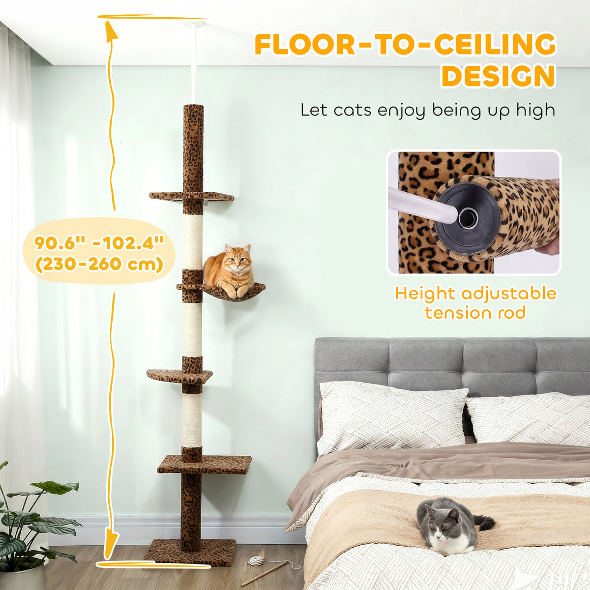 8.5ft Floor to Ceiling Cat Climbing Tree - 5-Tier Leopard Print-Cats-DECOROLALA