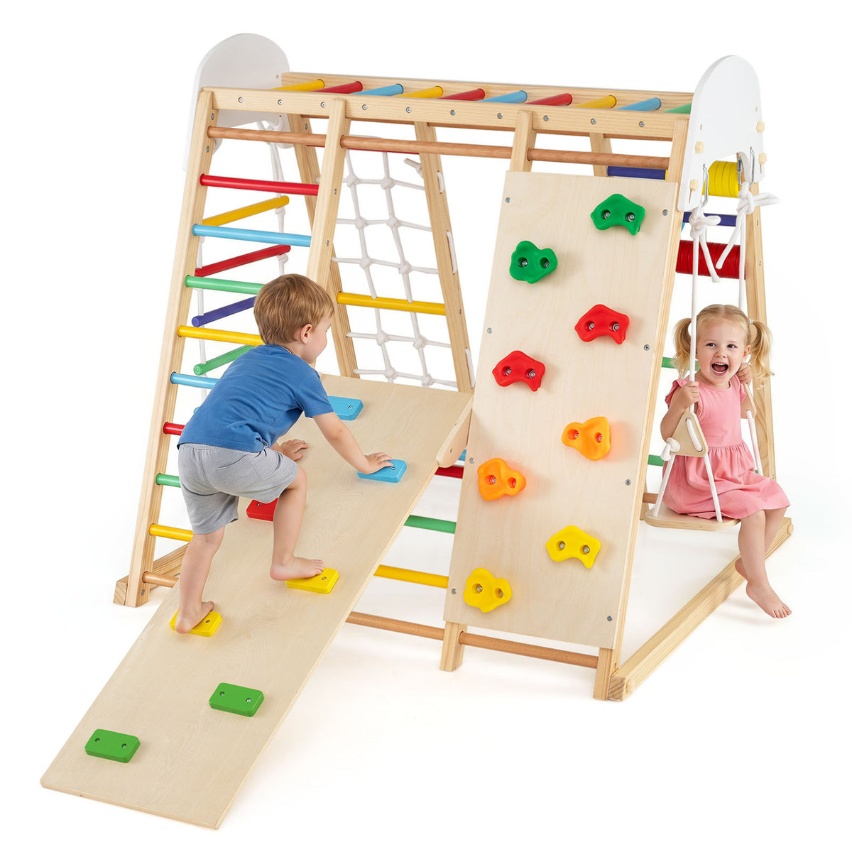 Aire de jeux intérieure pliable 8-en-1 pour enfants avec balançoire et échelle horizontale-Coloré